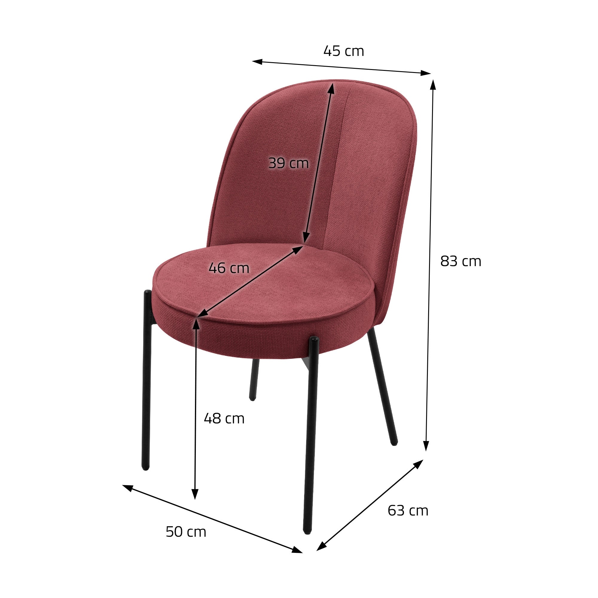 Chaise ronde rouge avec des dimensions : hauteur 83 cm, largeur 50 cm, profondeur 45 cm.