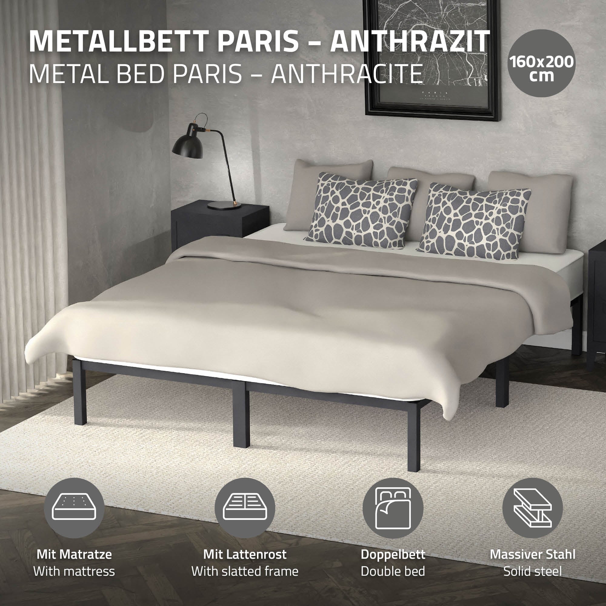 Ein Metallbett in Anthrazit mit Kissen und Bettwäsche.