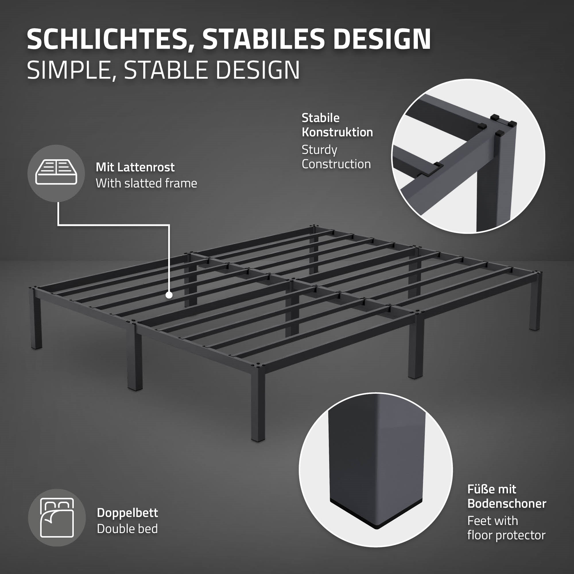 Grafik eines stabilen Bettgestells mit slatted frame und Fußschoner.