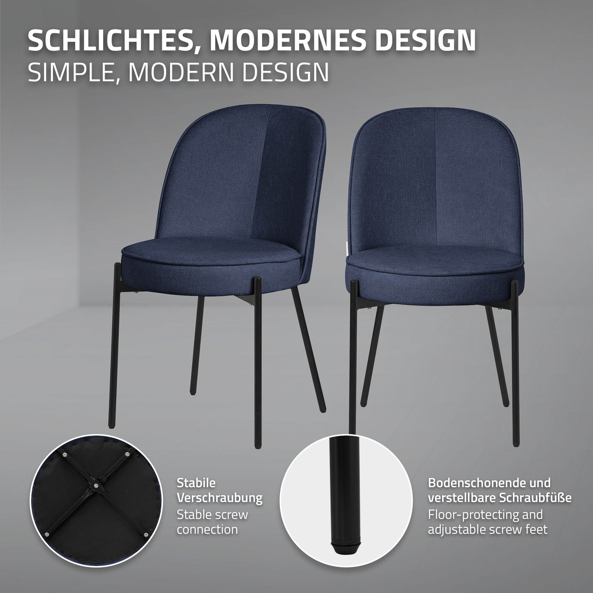 Grafik mit einem modernen Stuhl und seinen Eigenschaften.