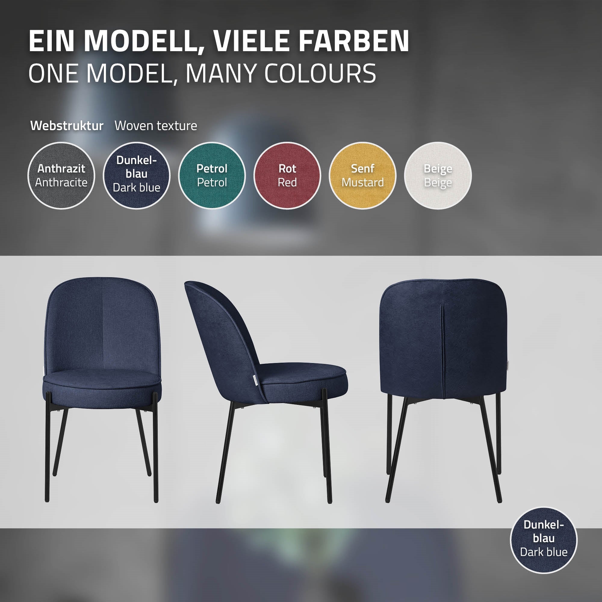 Ein Modellstuhl in verschiedenen Farben, mit Texturen und Farbauswahl.