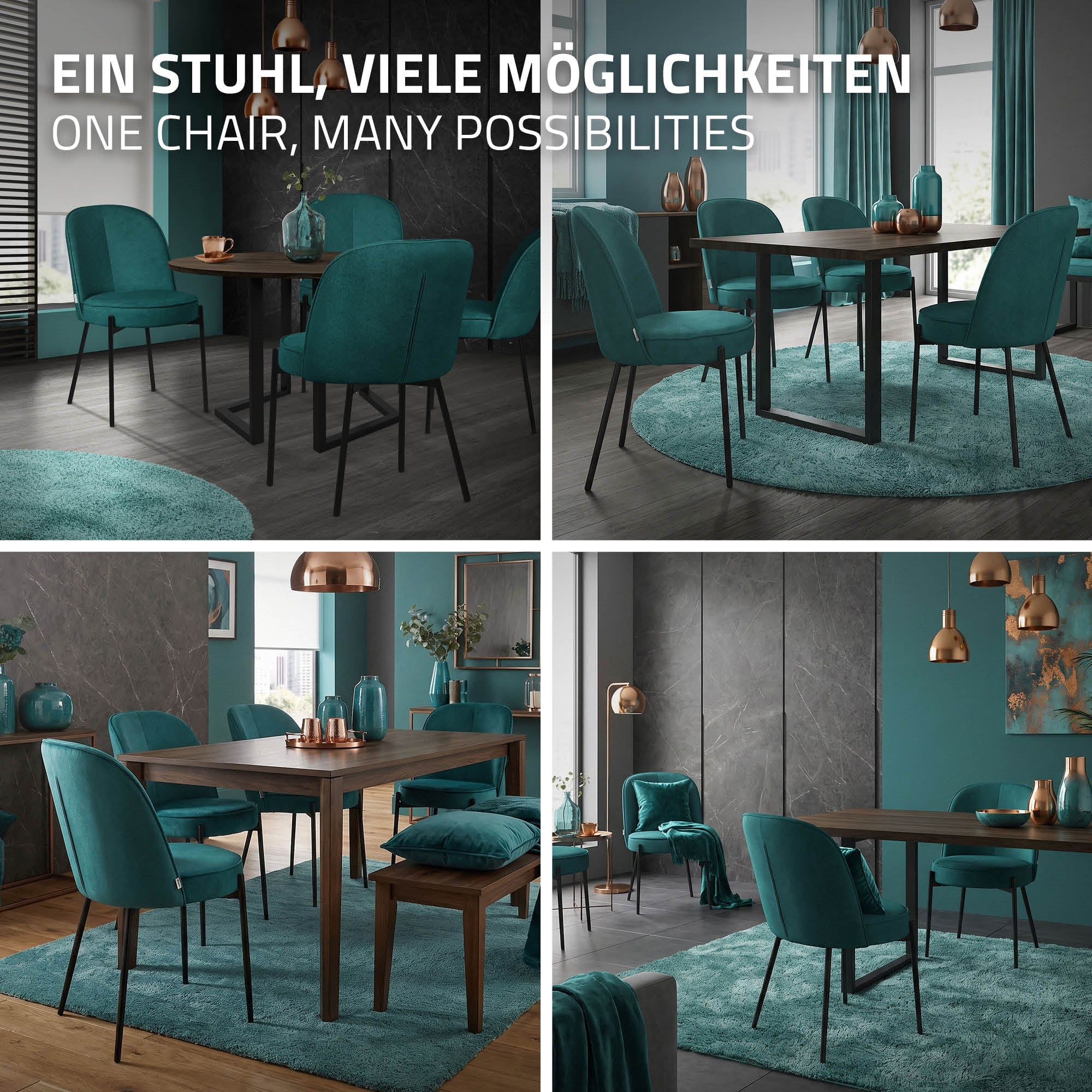 Verschiedene Möglichkeiten mit einem grünen Stuhl in einem modernen Esszimmer.