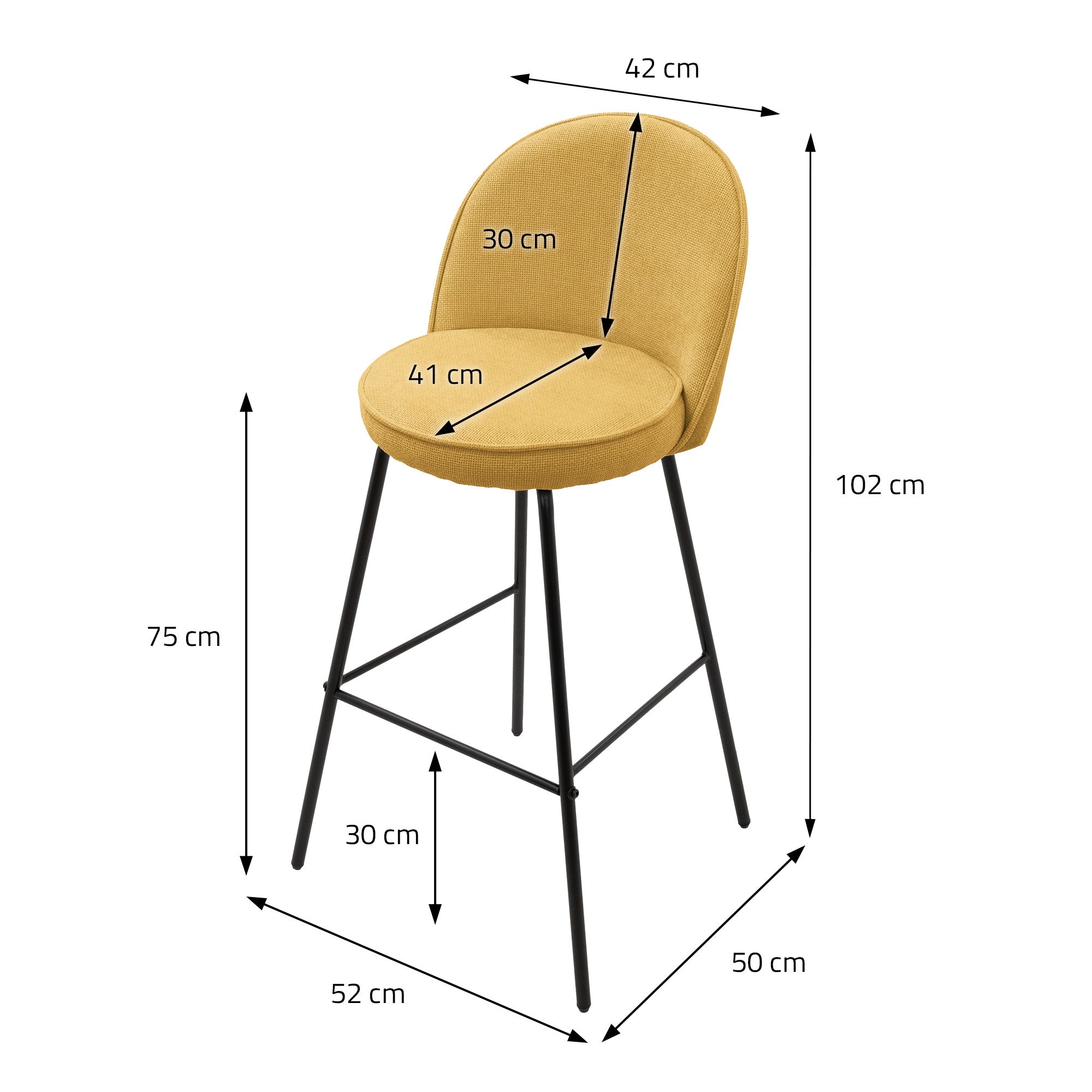 Høj stol i gul med mål: 42 cm bredde, 30 cm dybde, 102 cm højde.