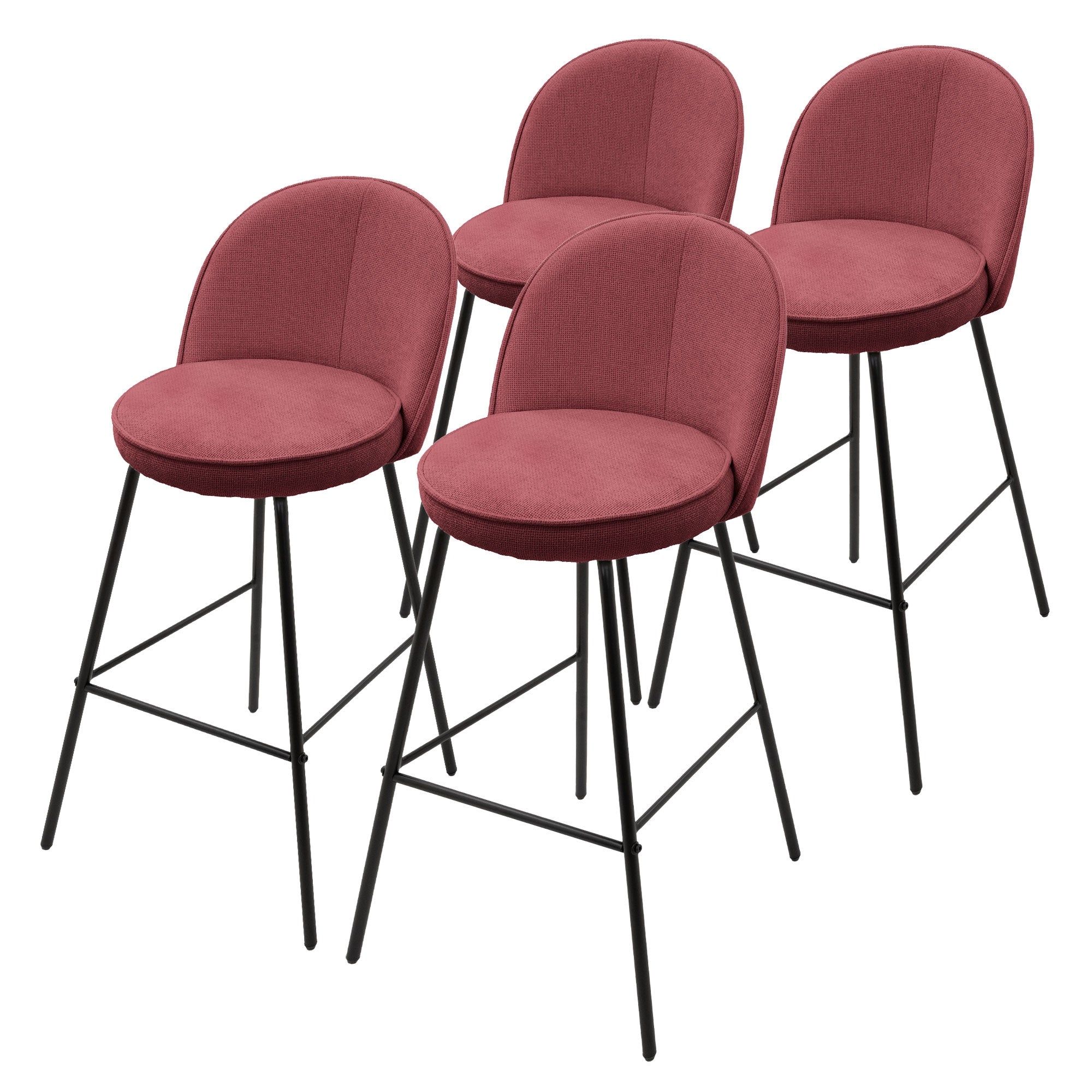 Vier Hochstühle mit runder Sitzfläche in Rot und schwarzem Gestell.