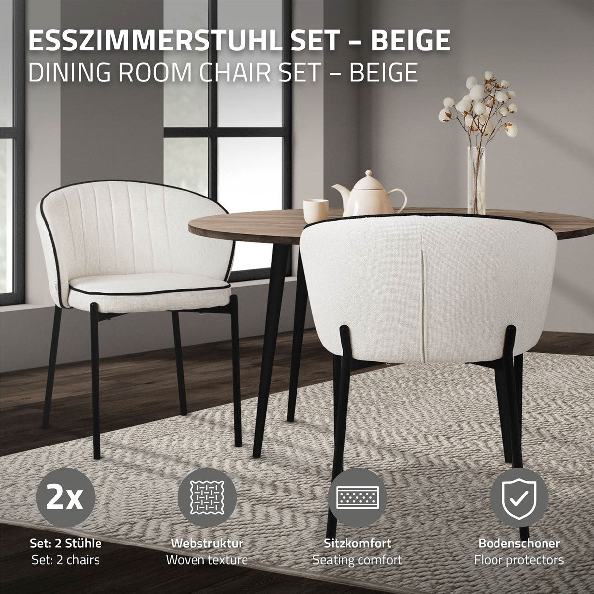 Esszimmerstuhl-Set in Beige, zwei Stühle an einem Tisch auf einem Teppich.