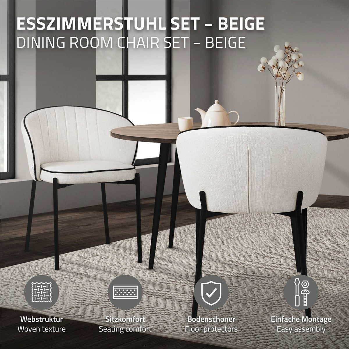Ein beiger Esszimmerstuhl neben einem runden Tisch, mit einem Teppich darunter.