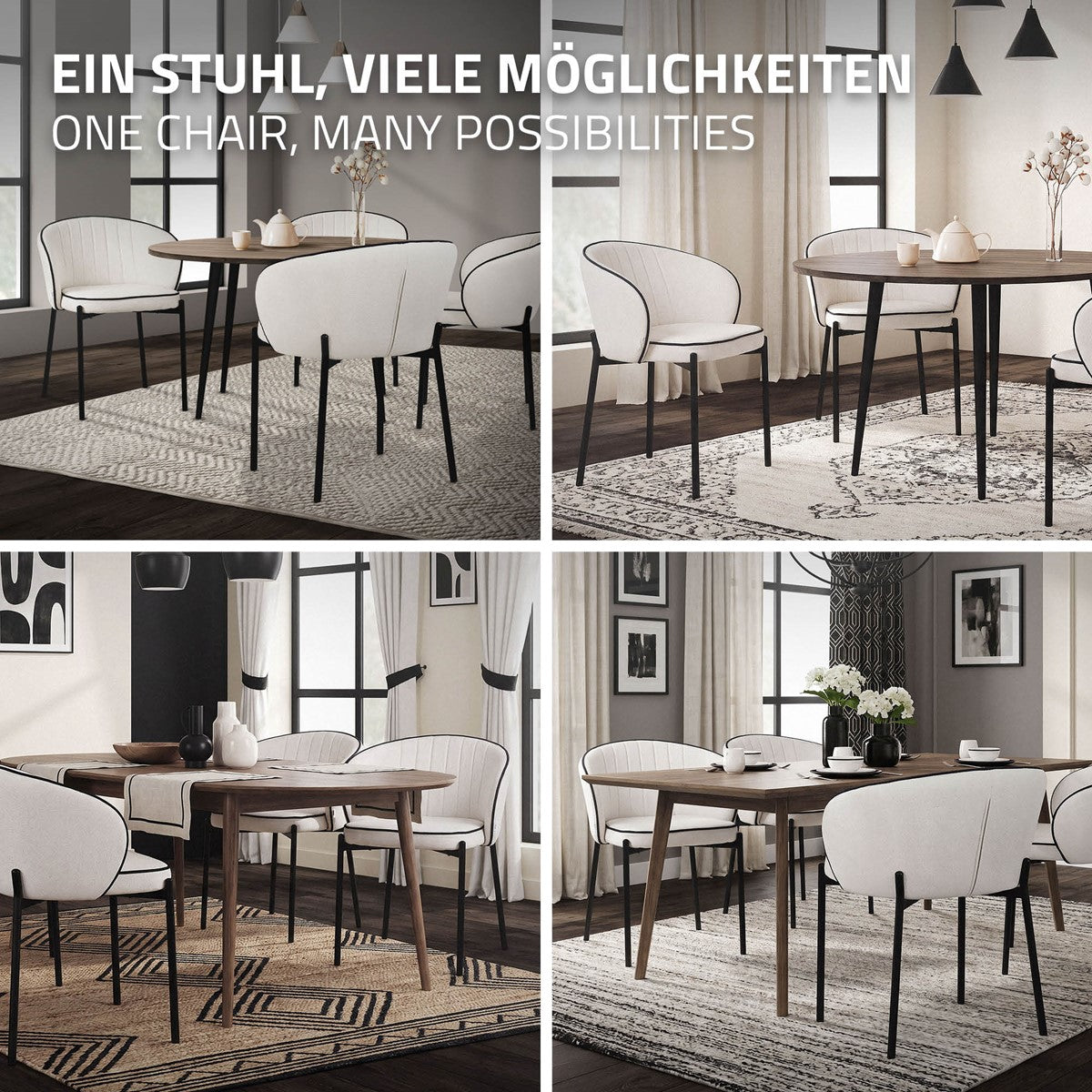 Verschiedene Ansichten eines Esszimmerstuhls in einem modernen Raum.