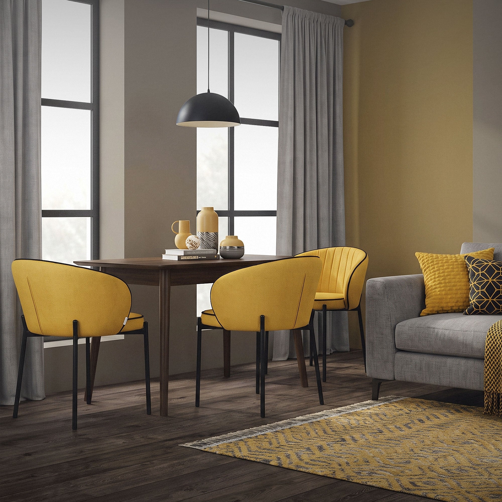 Dining area with yellow chairs, table, and decorative elements.
