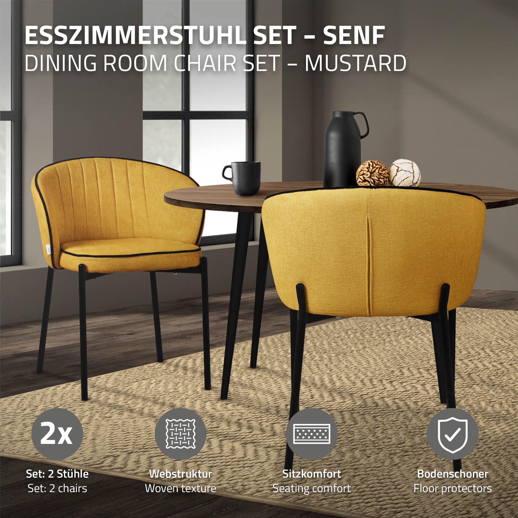 Esszimmerstuhl-Set in Senf, zwei Stühle an einem Tisch auf einem Teppich.