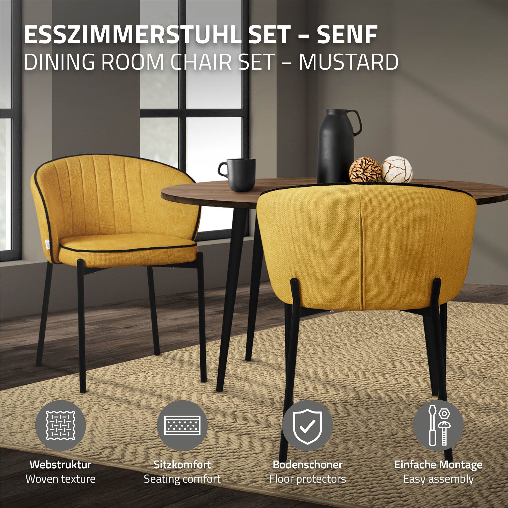 Dining chair set in mustard with table and decoration.