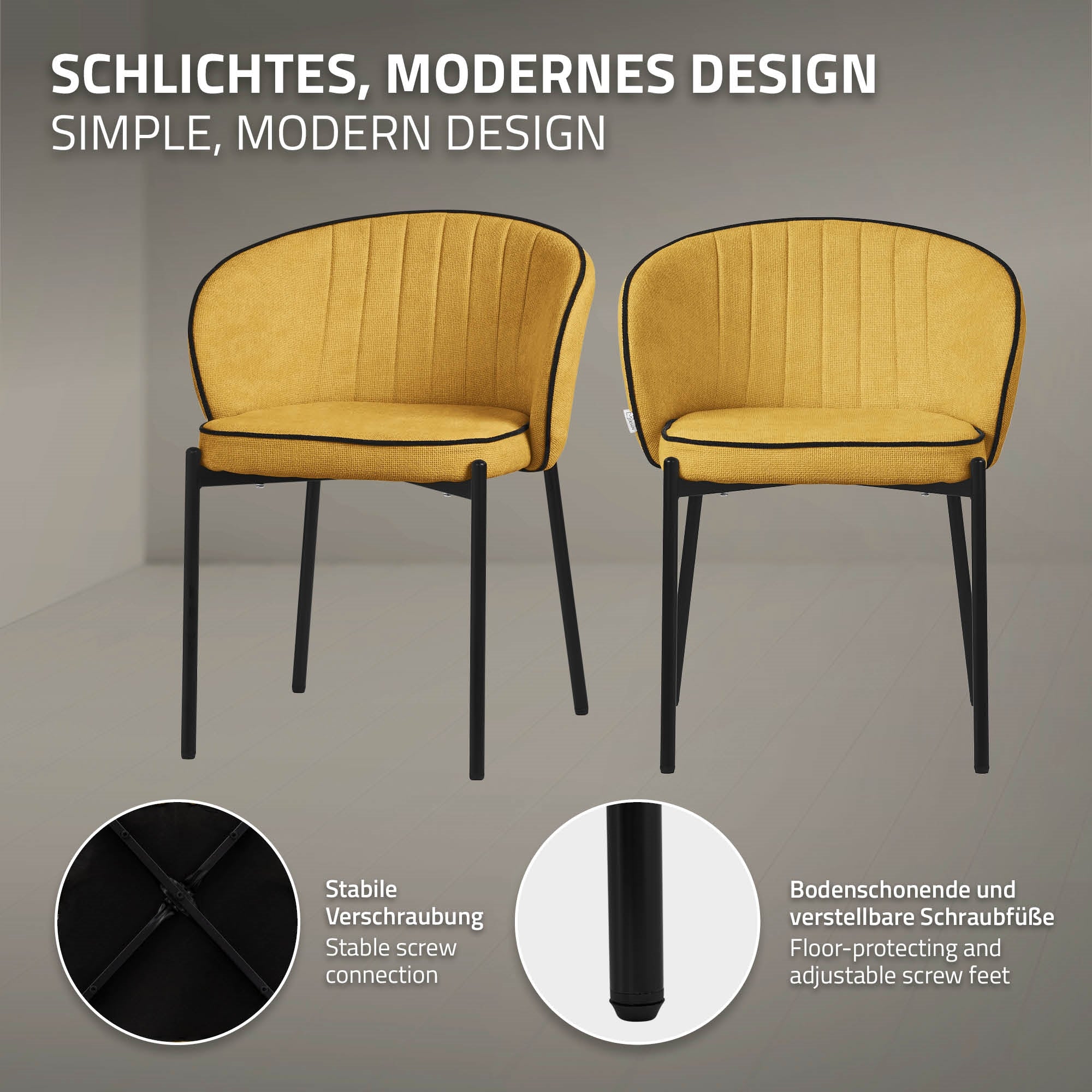 Two yellow chairs on a gray background, focusing on the chair structure.