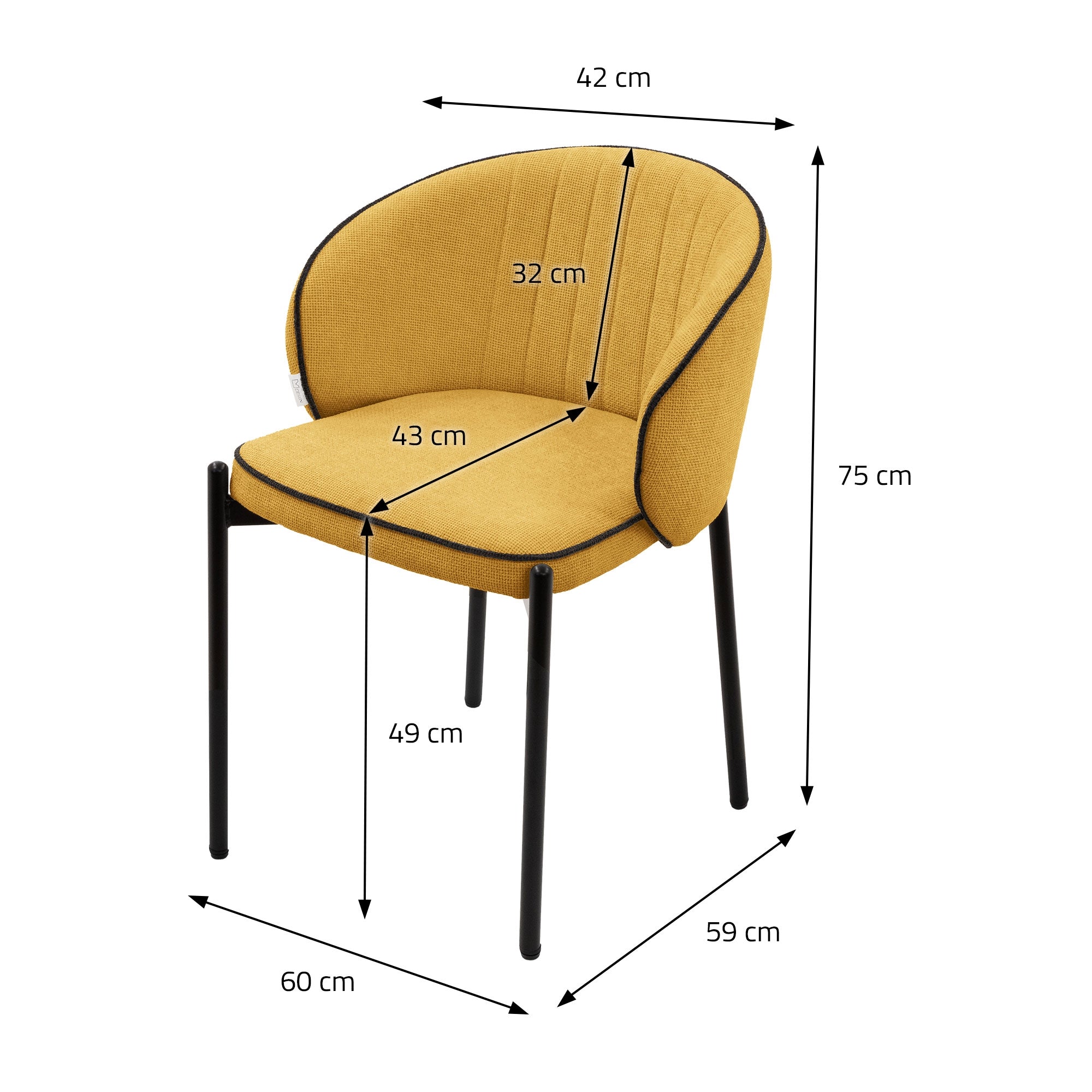 Yellow chair with dimensions: 60 cm width, 75 cm height, 49 cm seat height.
