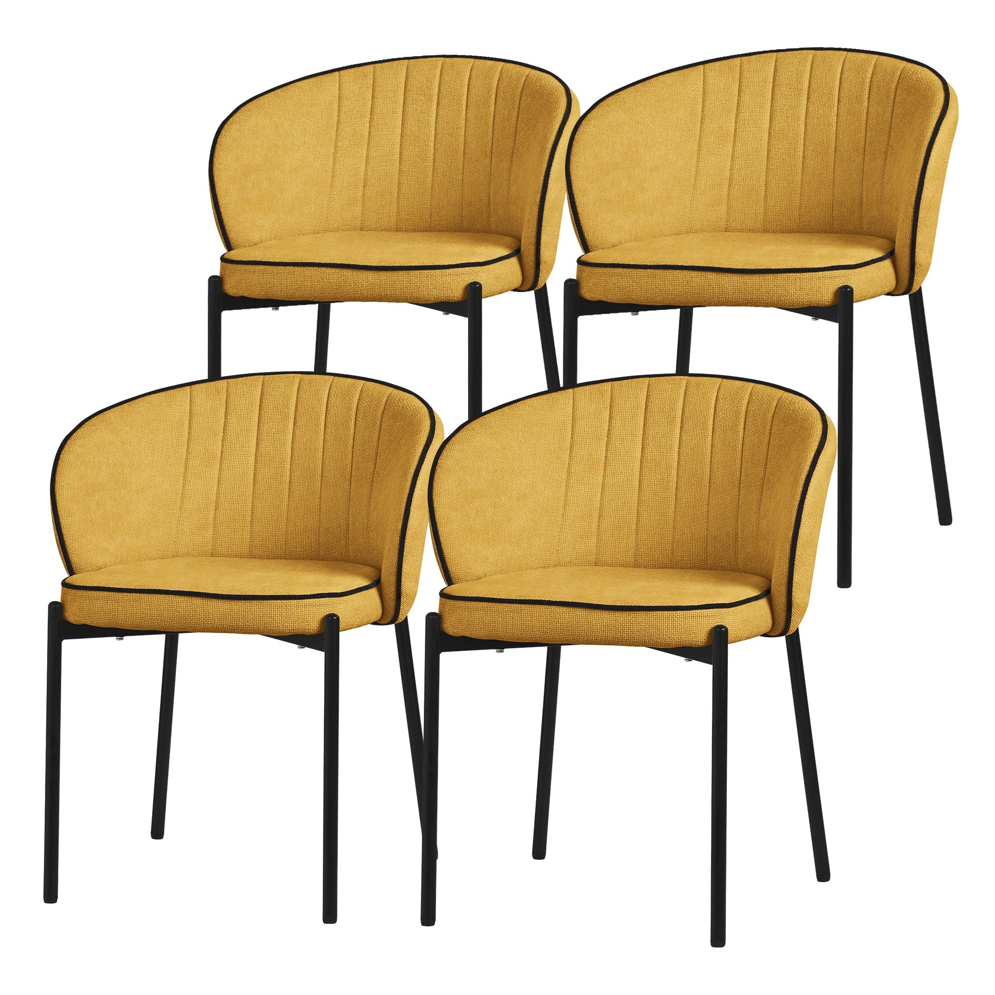 Four yellow upholstered chairs with a black frame on a white background.