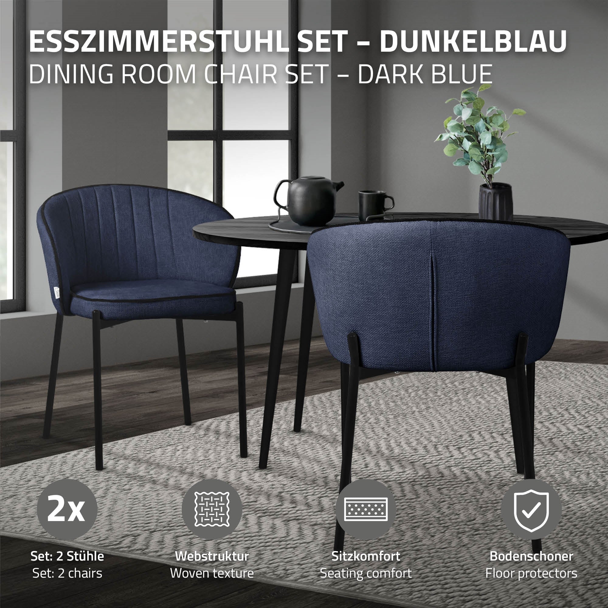 Esszimmerstuhl-Set in Dunkelblau, bestehend aus zwei Stühlen, auf einem Teppich.