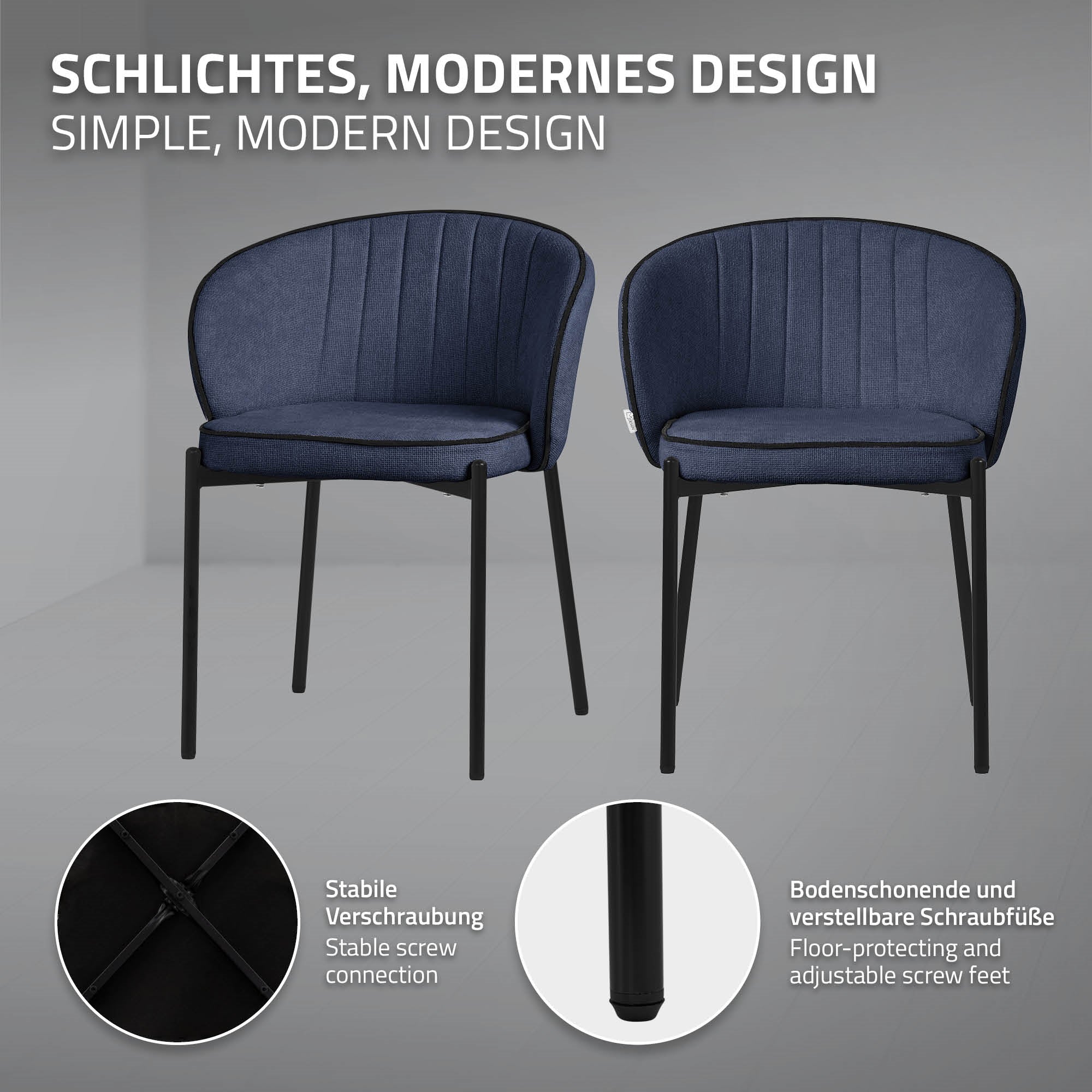 Dark blue chair with modern design and sturdy screw feet.