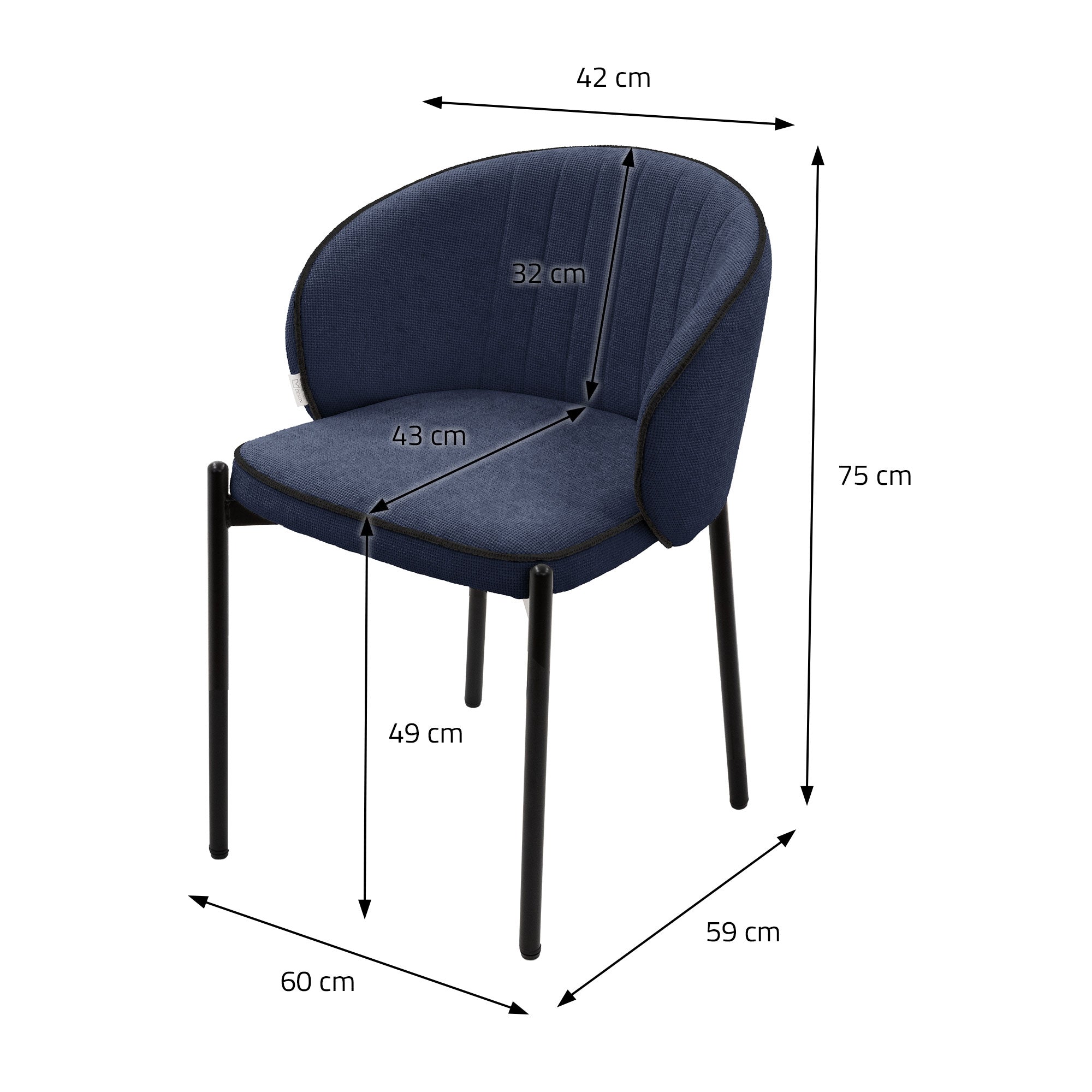 Dark blue chair with dimensions: 42 cm width, 75 cm height, 60 cm depth.
