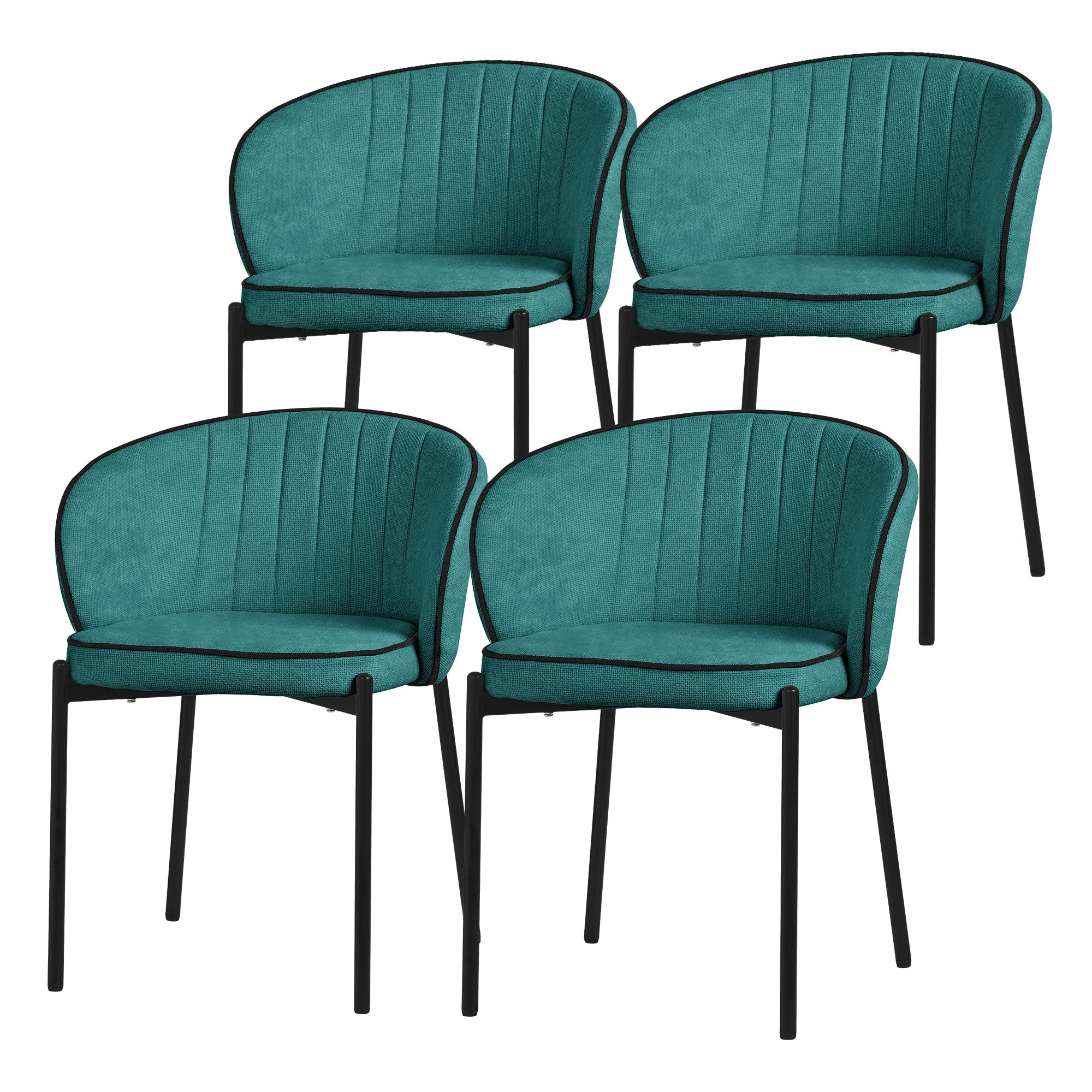 Four turquoise upholstered chairs with a black frame, on a white background.