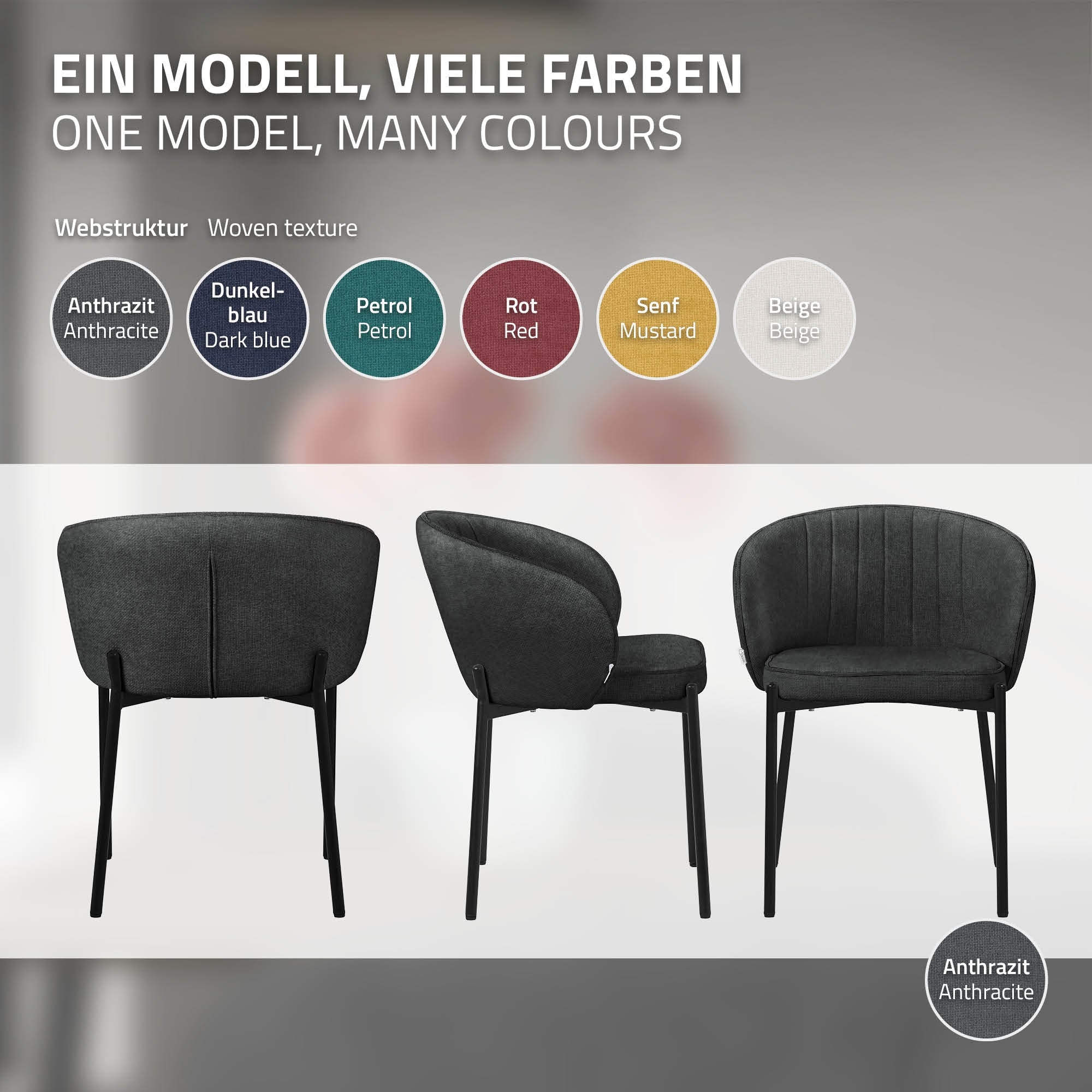 Grafik mit verschiedenen Stuhlmodellen und Farben auf neutralem Hintergrund.