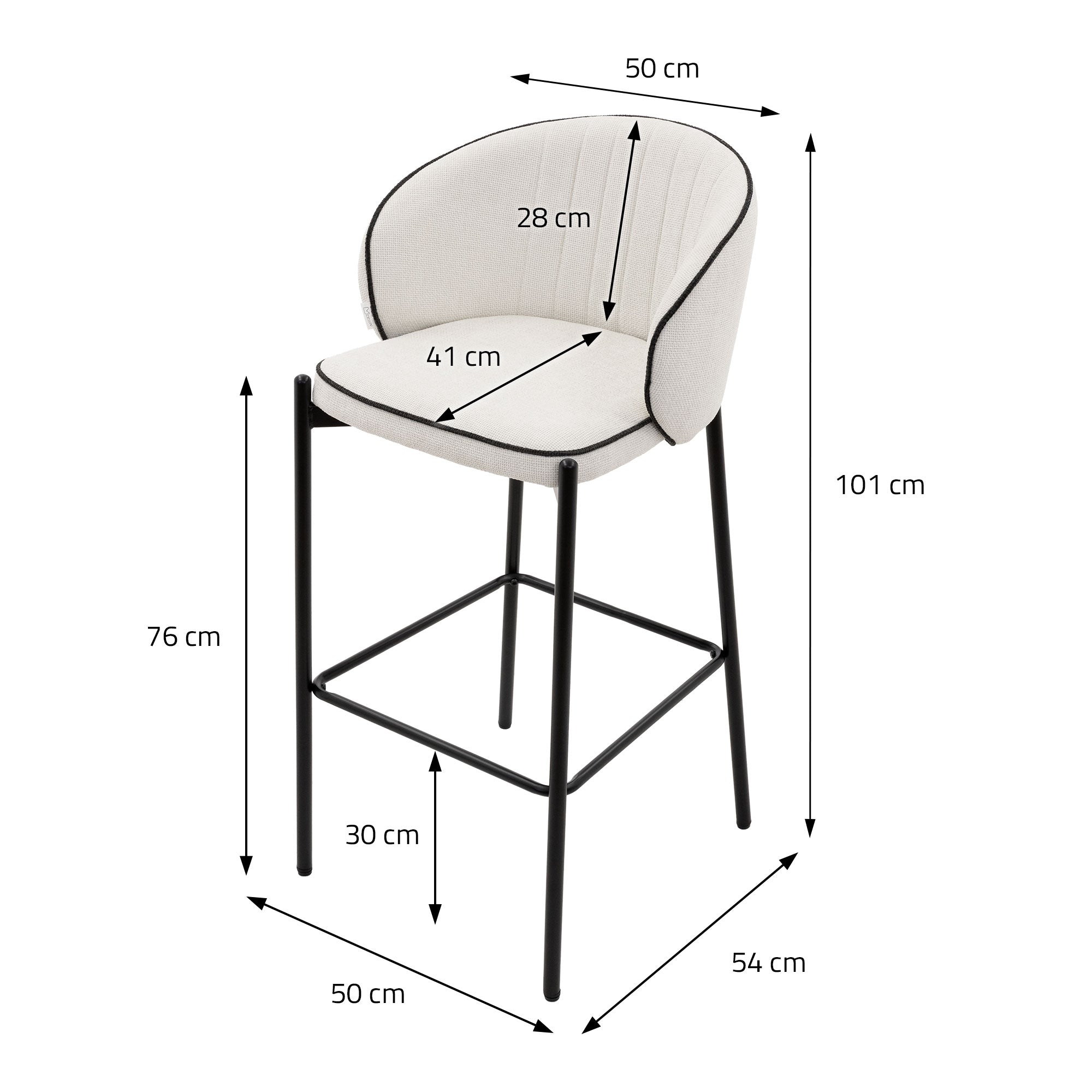 Høj stol med mål: 50 cm bredde, 76 cm højde, 30 cm fodstøtte.