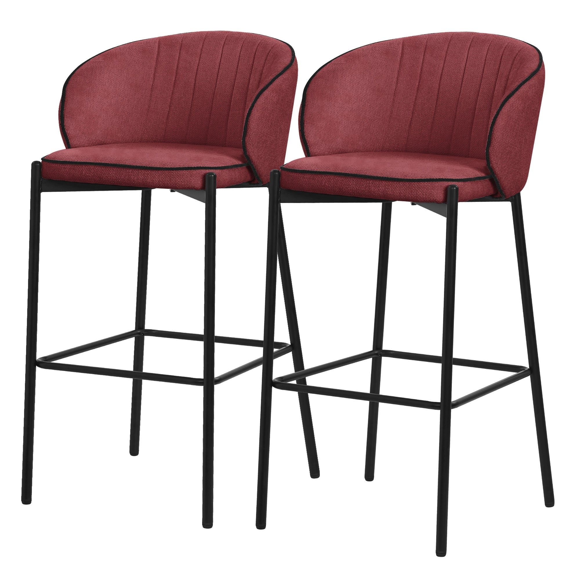 Zwei barhocker mit roter Polsterung und schwarzem Gestell.