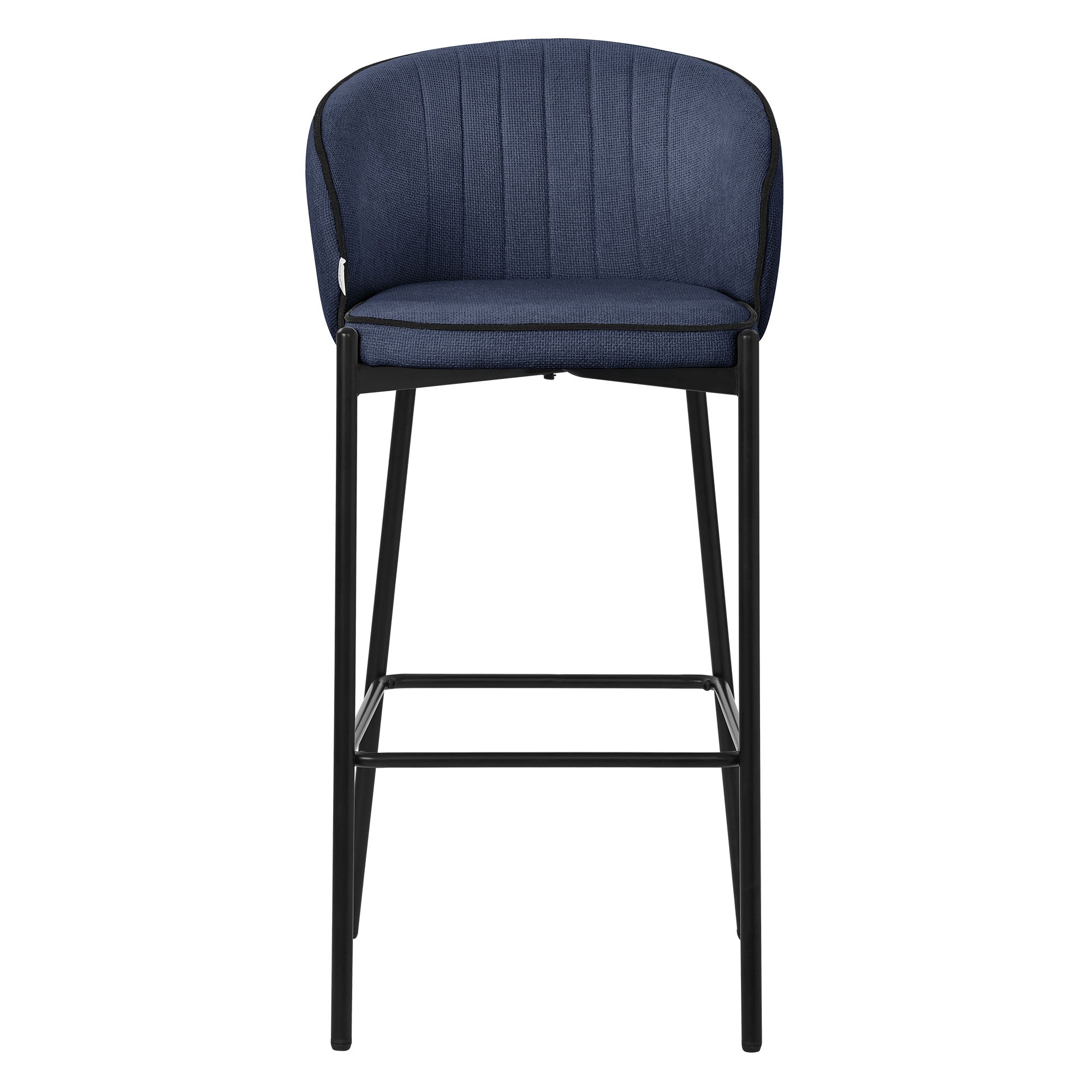 Hochstuhl mit blauer Polsterung und schwarzem Gestell, frontal aufgenommen.