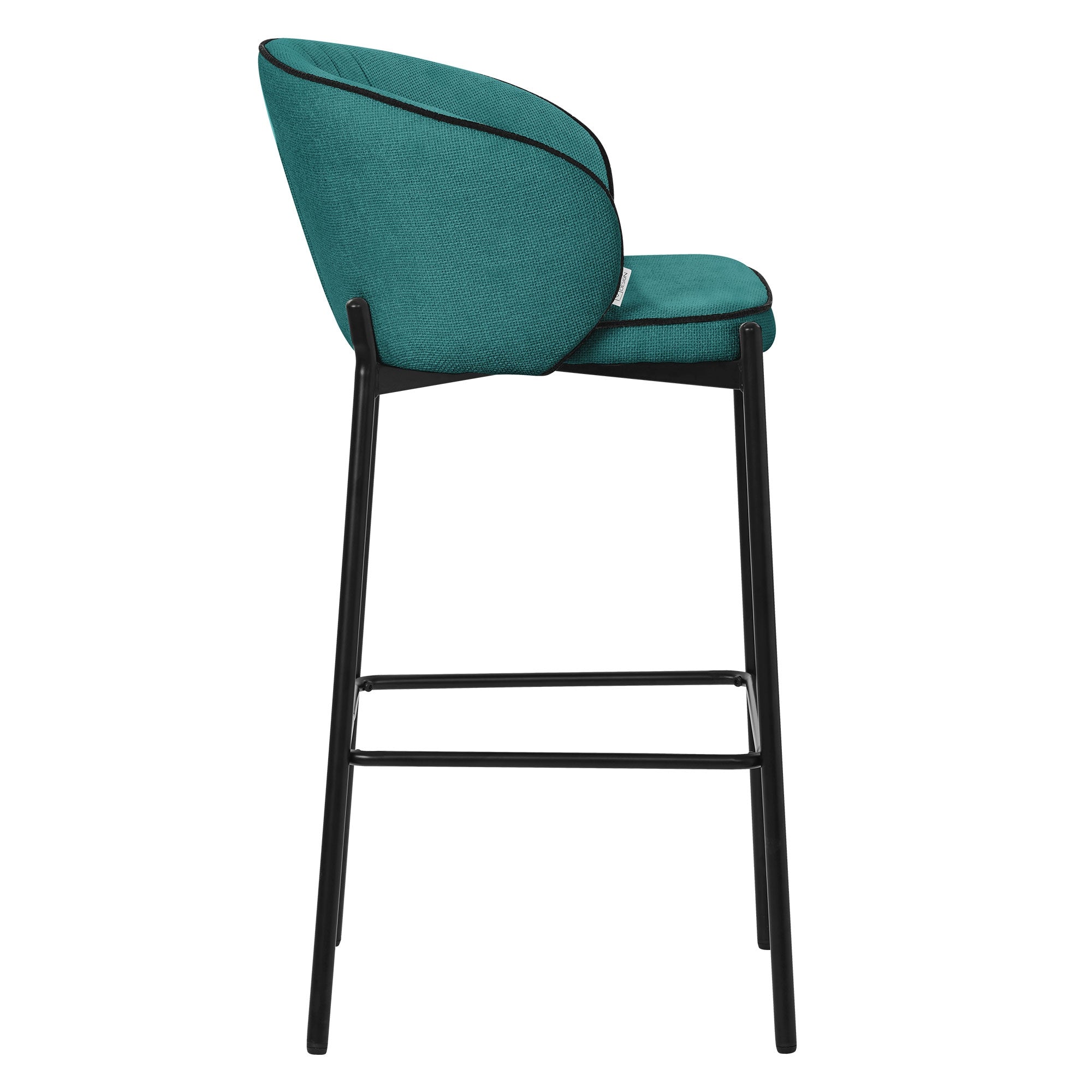 Türkiser Barhocker mit gepolsterter Sitzfläche und schwarzem Gestell.