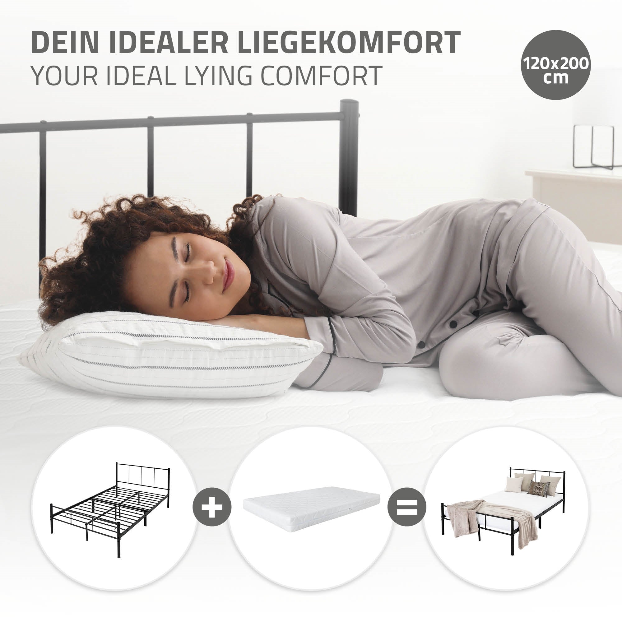 Frau liegt auf einem Bett mit Kissen, entspannend.