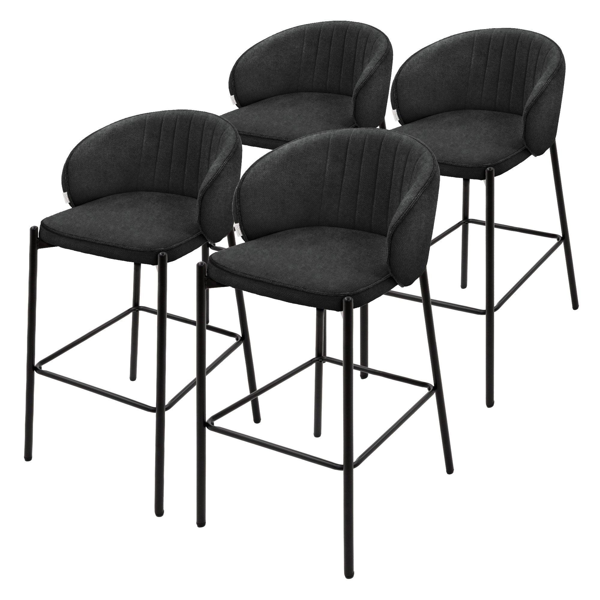 Vier schwarze Barhocker mit gepolsterter Sitzfläche und Rückenlehne.