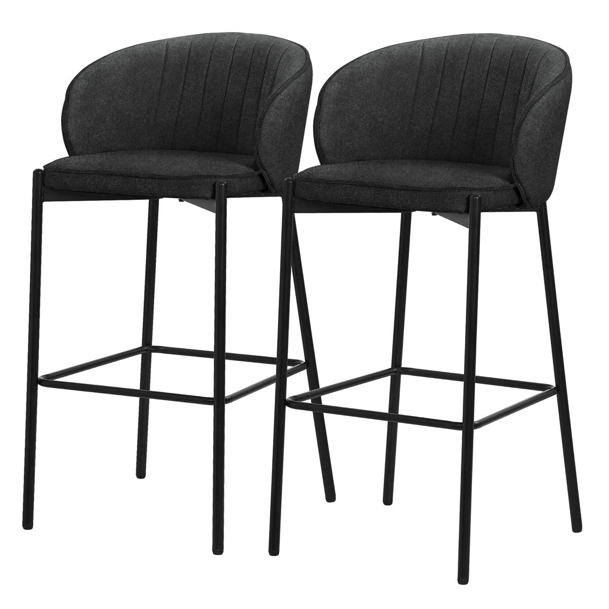 Dois bancos de bar pretos com encosto estofado sobre um fundo branco.