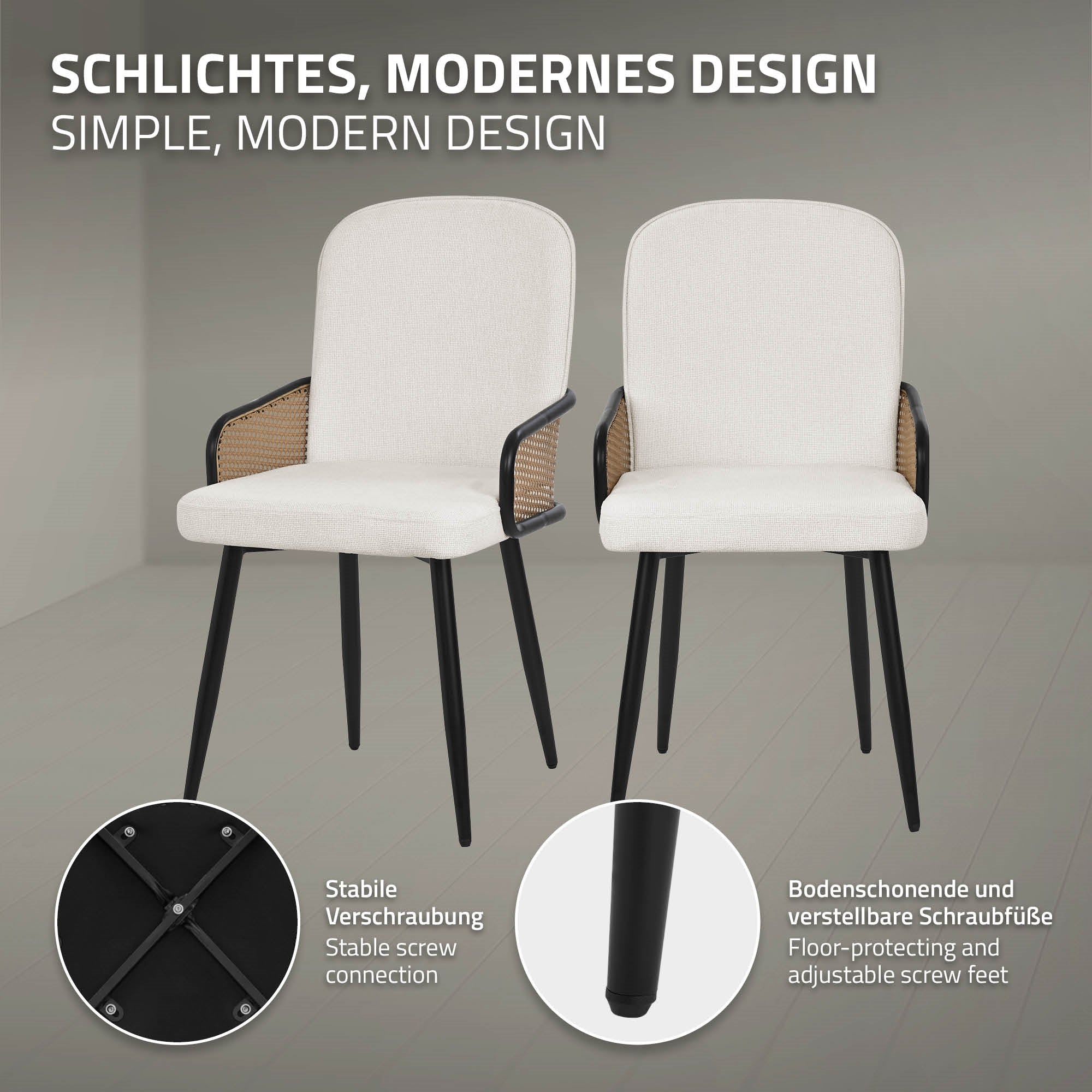 Zwei moderne Stühle mit Armlehnen, einer in Beige und einer in Petrol.