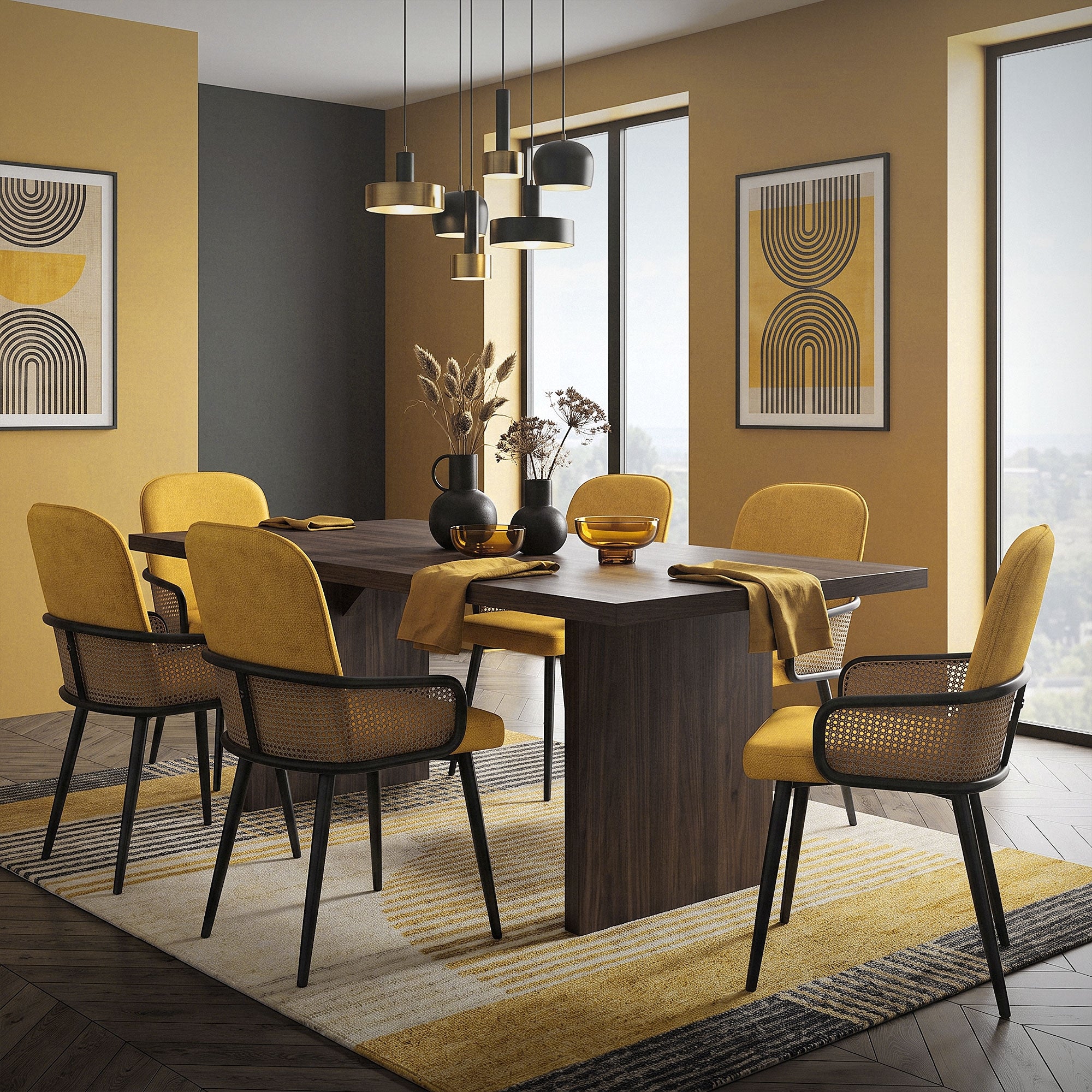 Dining room with a large table, yellow chairs, and large windows.