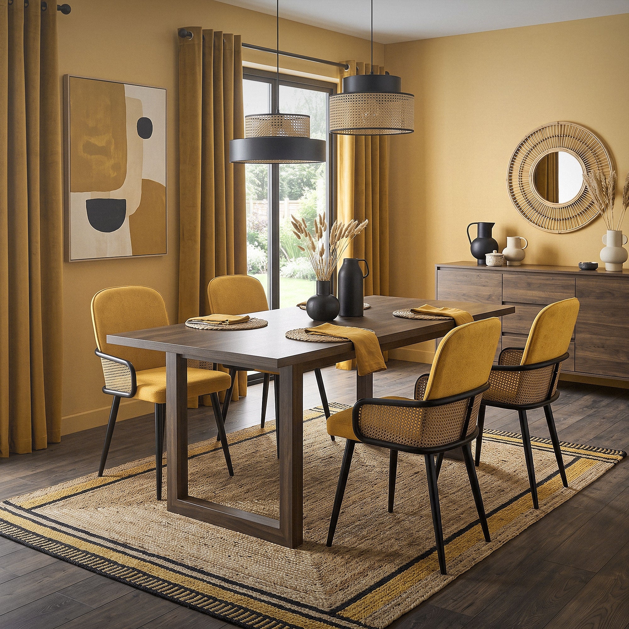 Dining room with yellow chairs, a table, and decorative elements.