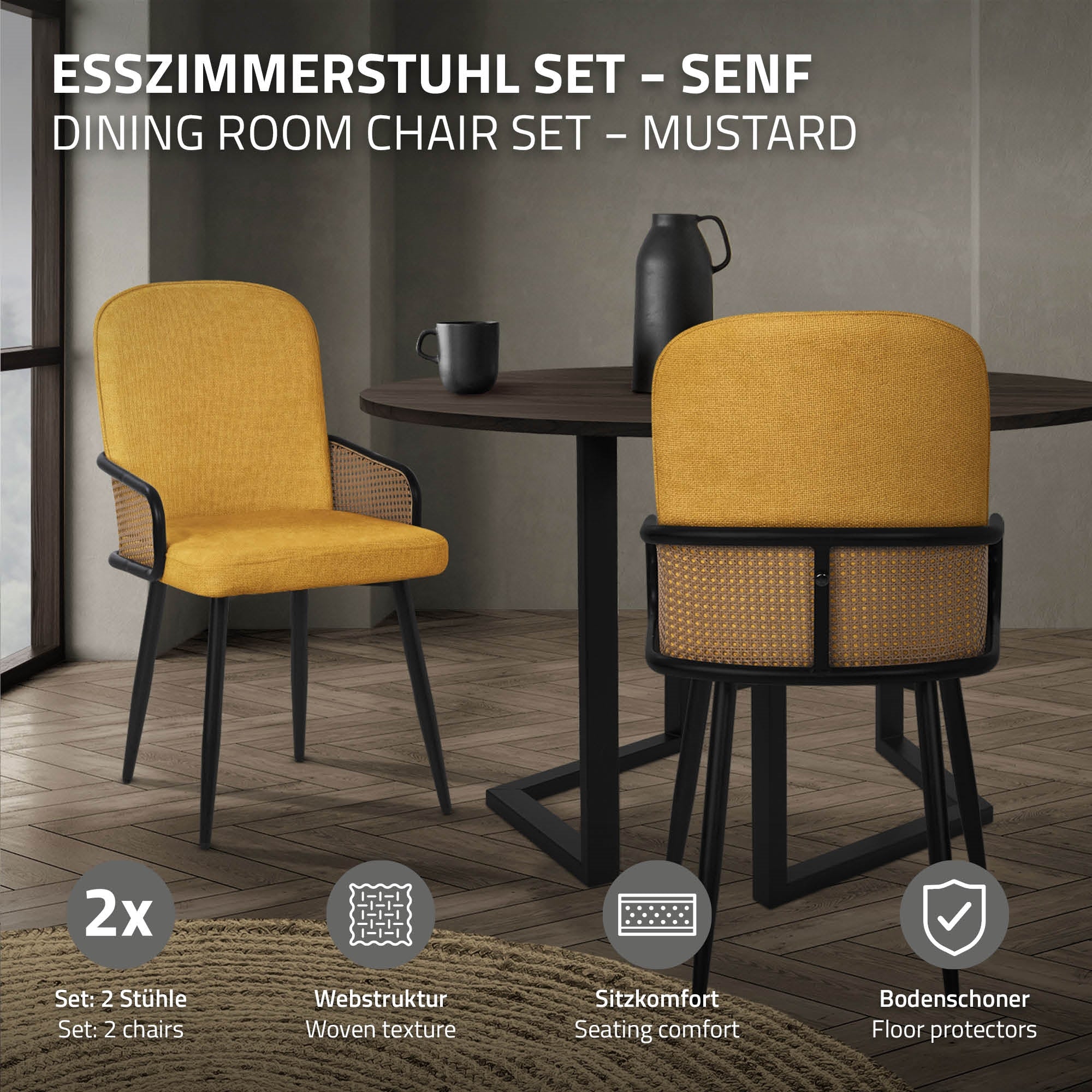 Esszimmerstuhl-Set in senf mit zwei Stühlen und einem Tisch im Hintergrund.