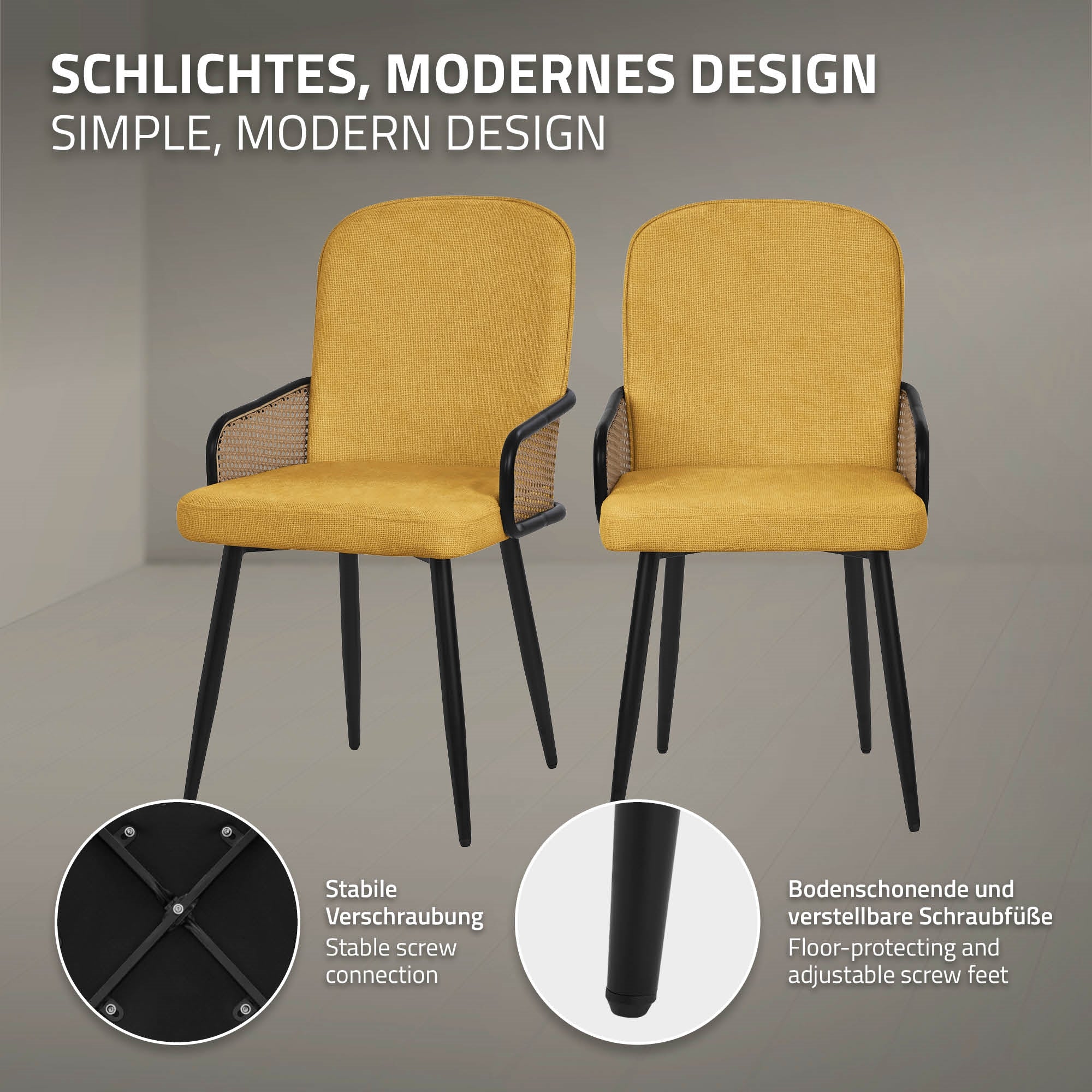 Two yellow chairs with sturdy connection and adjustable feet.