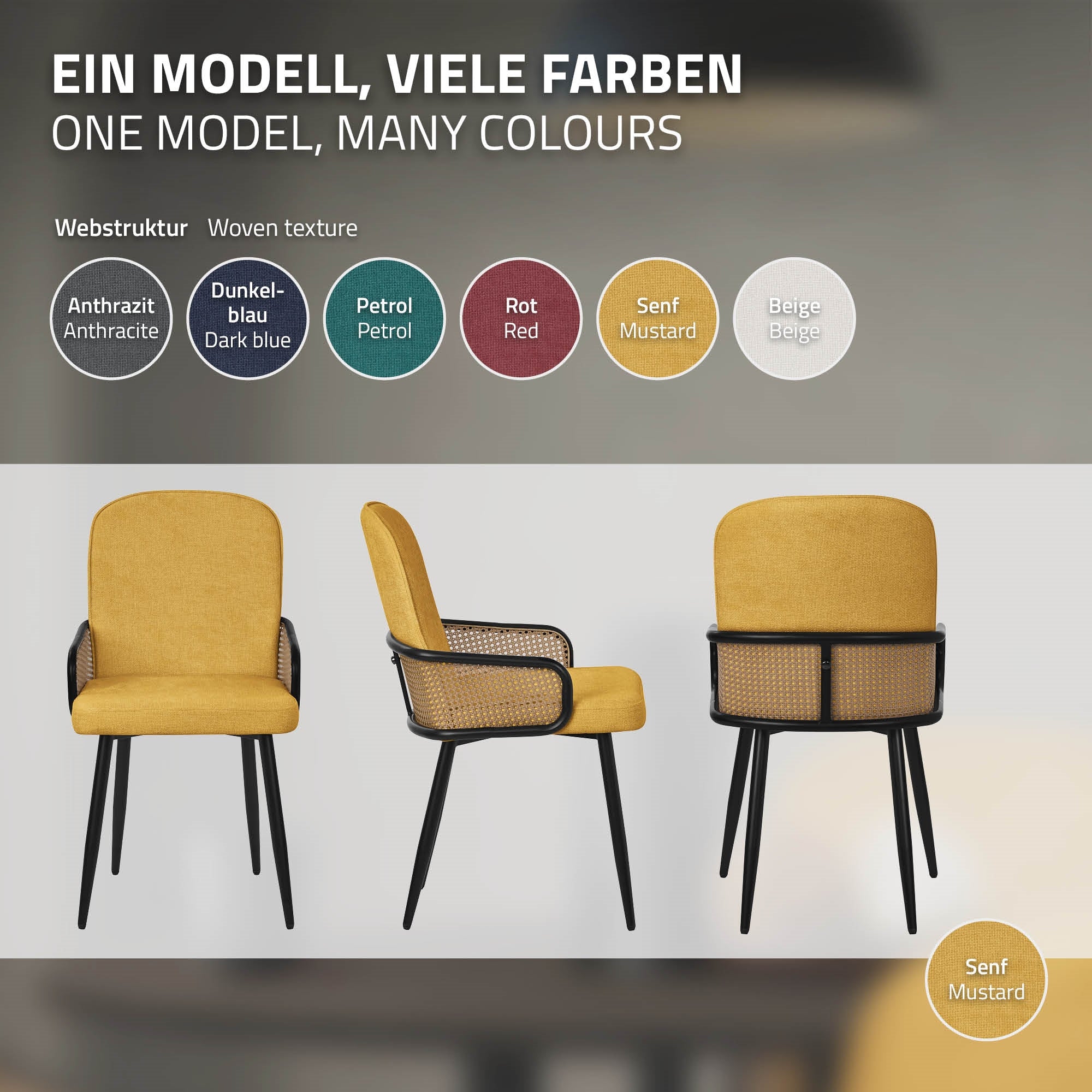 Three dining chairs in different colors on a light background.