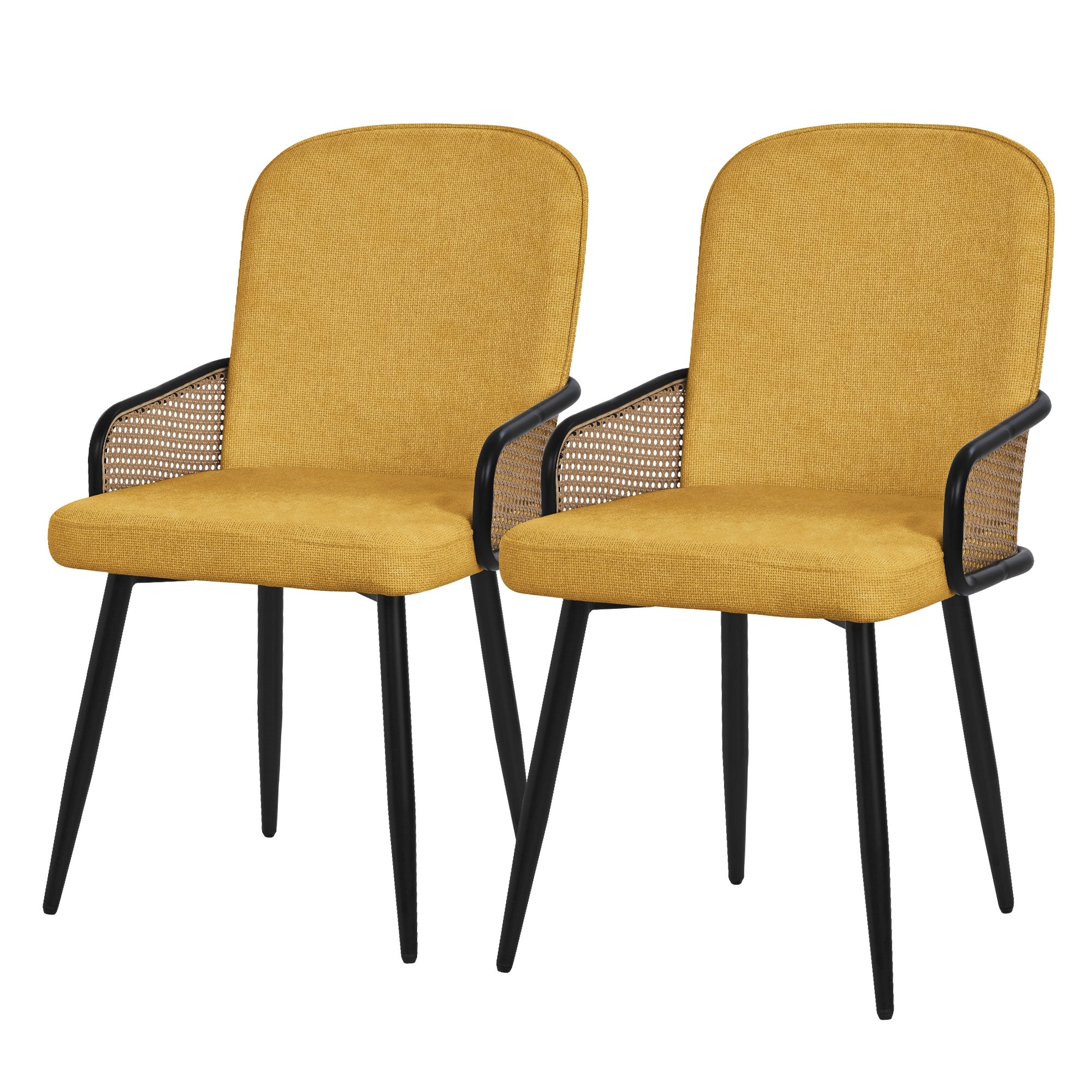 Zwei gelbe Stühle mit gepolsterter Sitzfläche und Rattan-Rückenlehne.