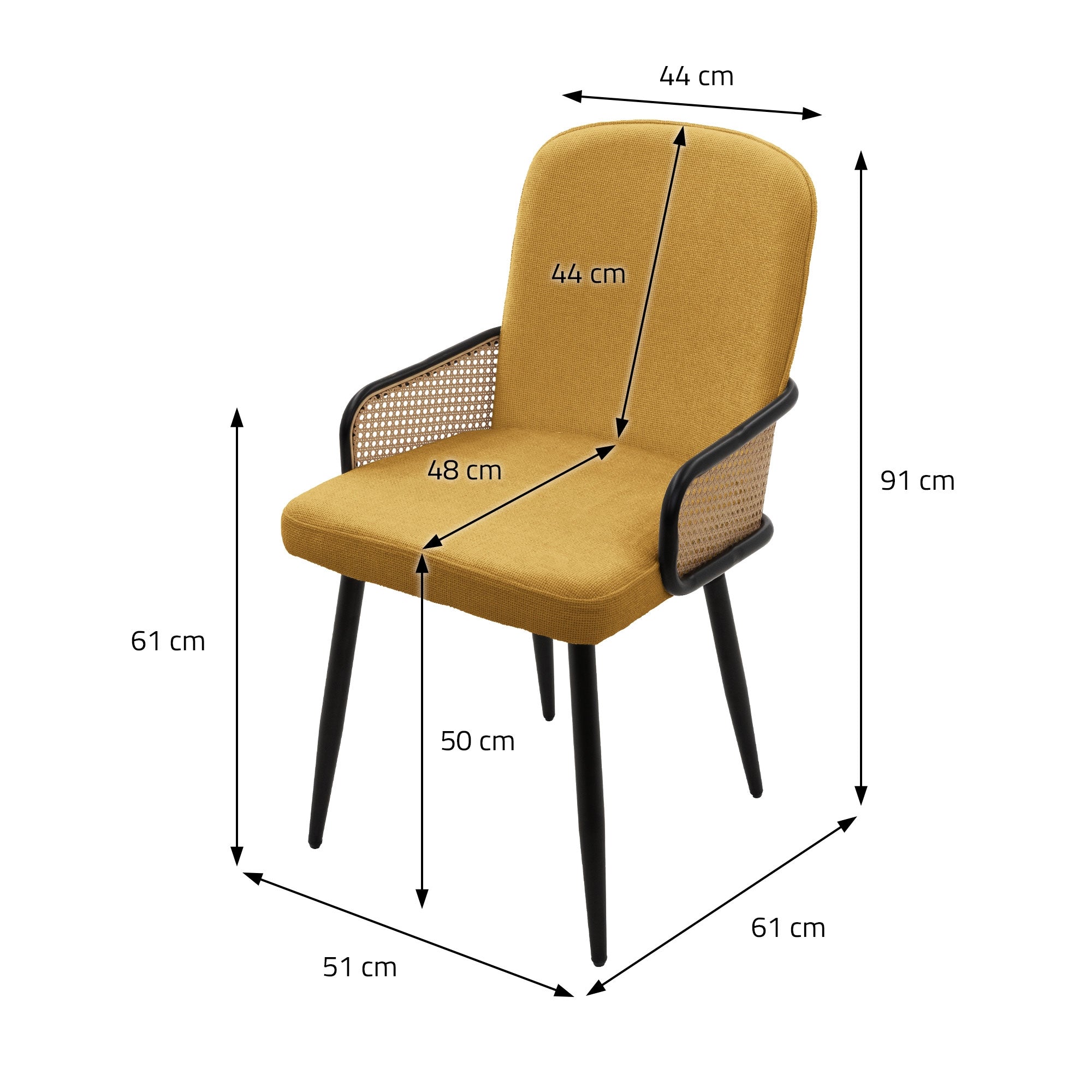 Measurement drawing of a yellow chair with dimensions in cm.