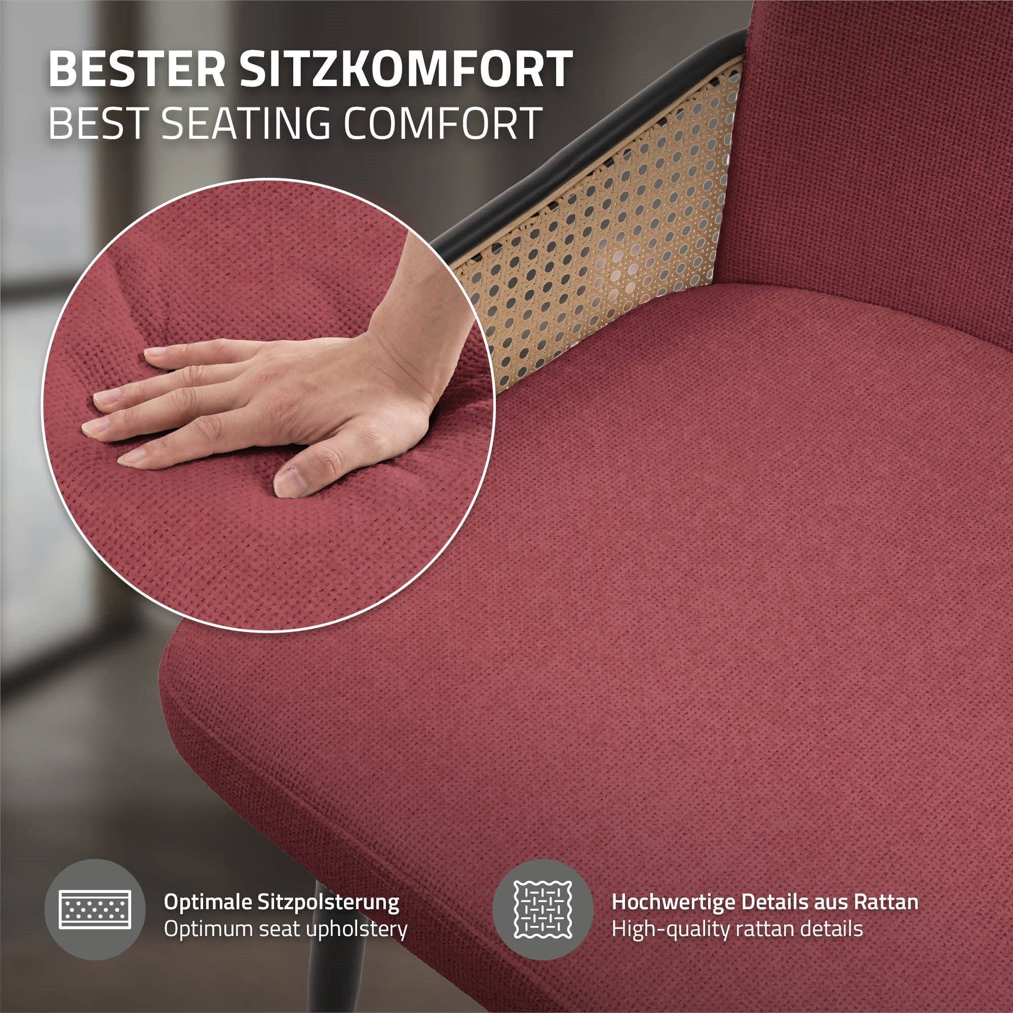 Detailní záběr červené židle s měkkým sedákem a ratanovými detaily.