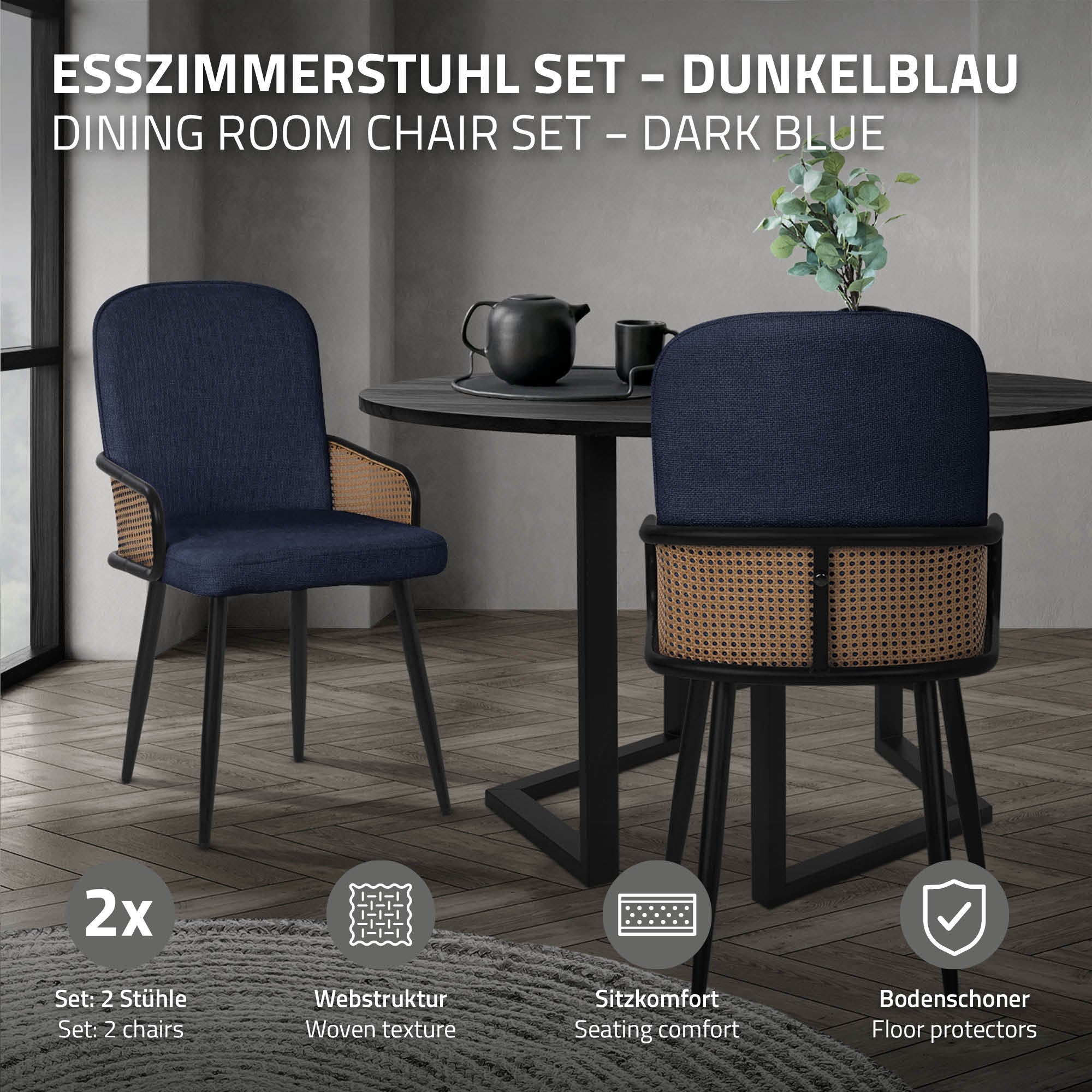Dunkelblaues Esszimmerstuhl-Set mit zwei Stühlen und einem Tisch.