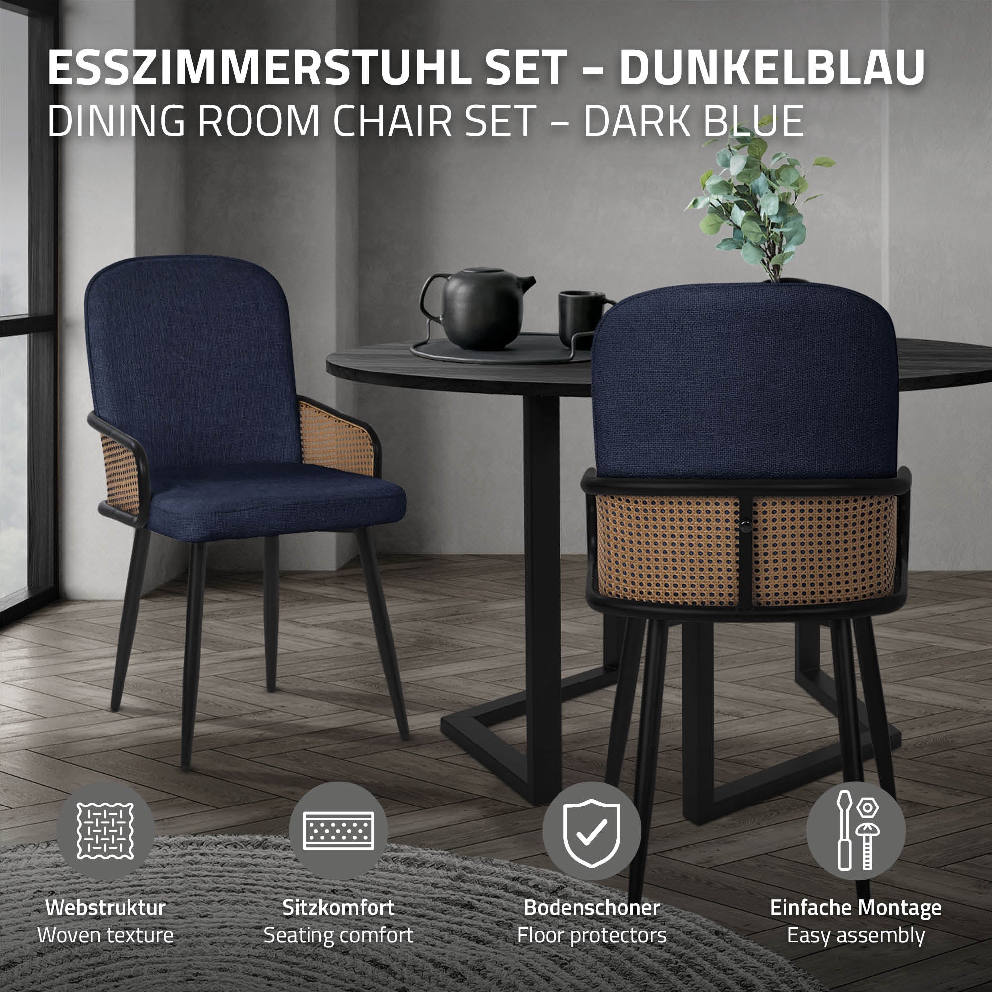 Dark blue dining chair with rattan elements at the table.