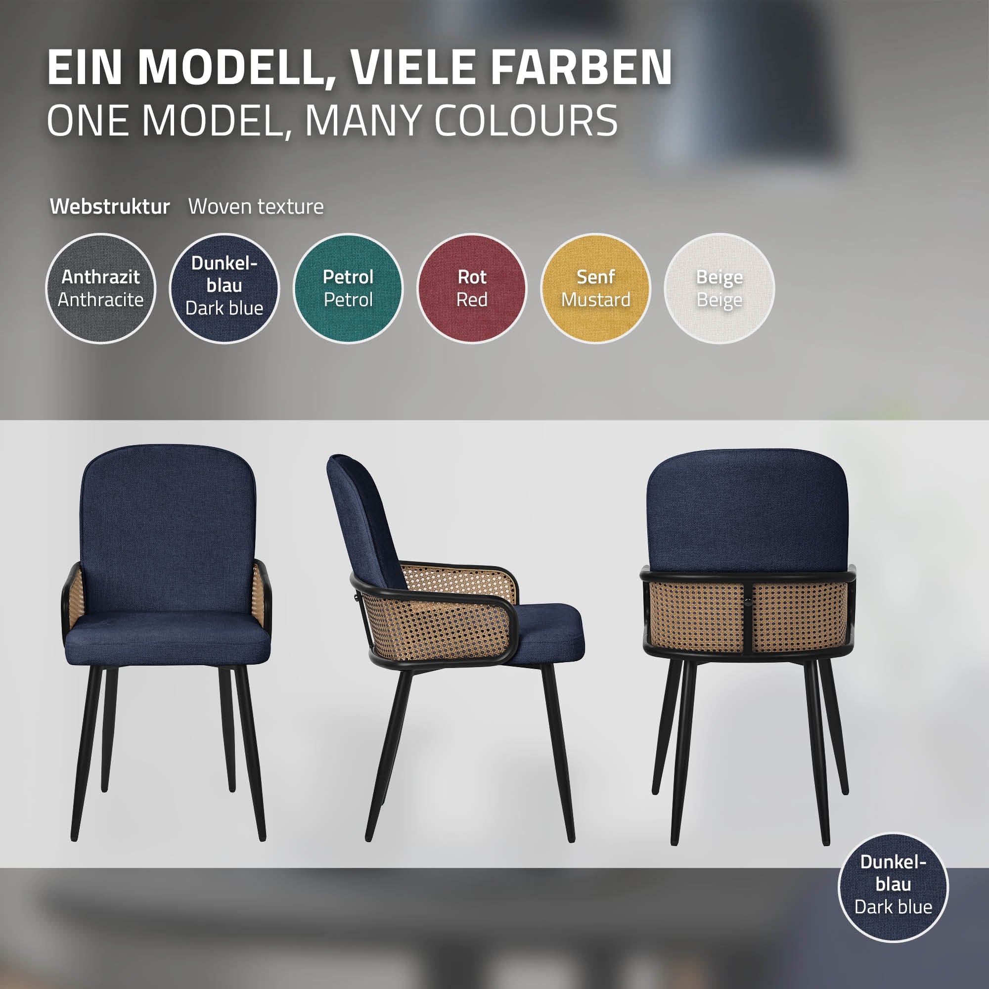 Three chairs in different colors: dark blue, petrol, red, mustard, beige.