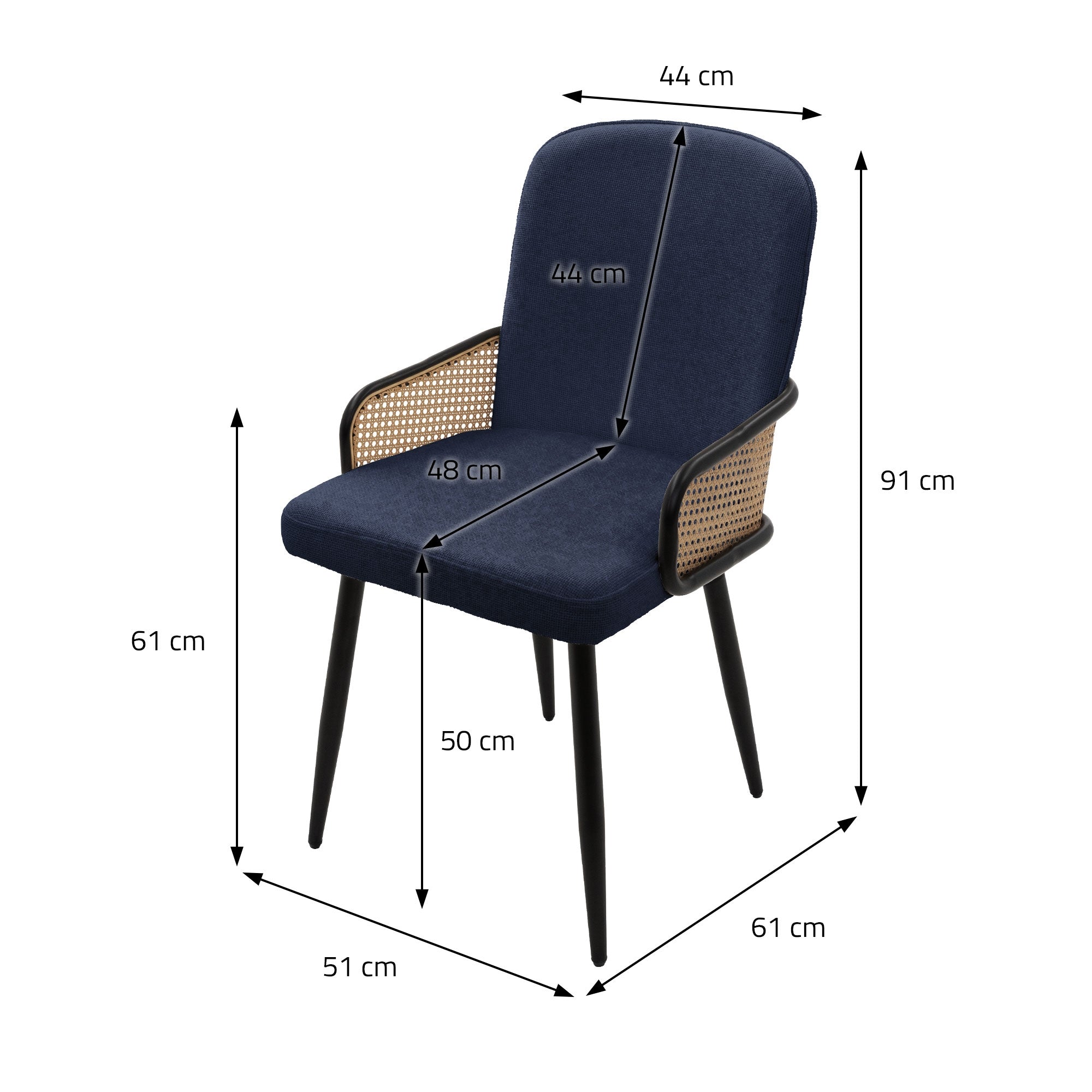 Dibujo de medidas de una silla azul con reposabrazos y diferentes dimensiones.