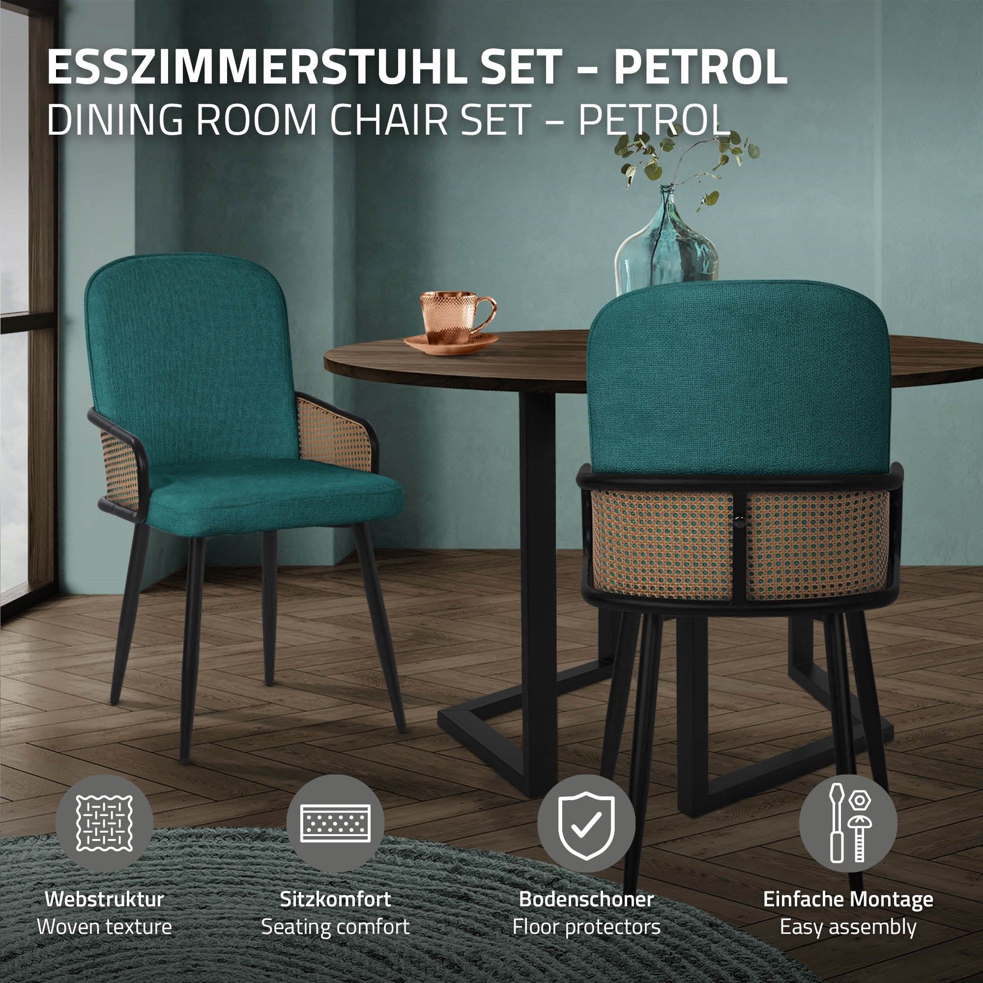 Étkezőszék petrol színben, szövetmintával és fa részletekkel.