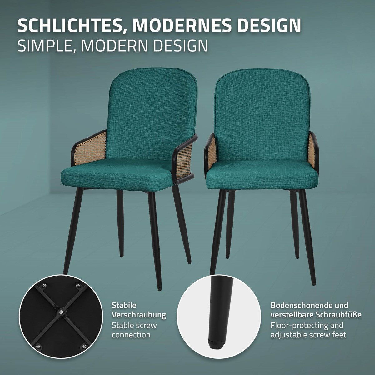 Two green dining chairs with sturdy screw joints against a solid-color background.