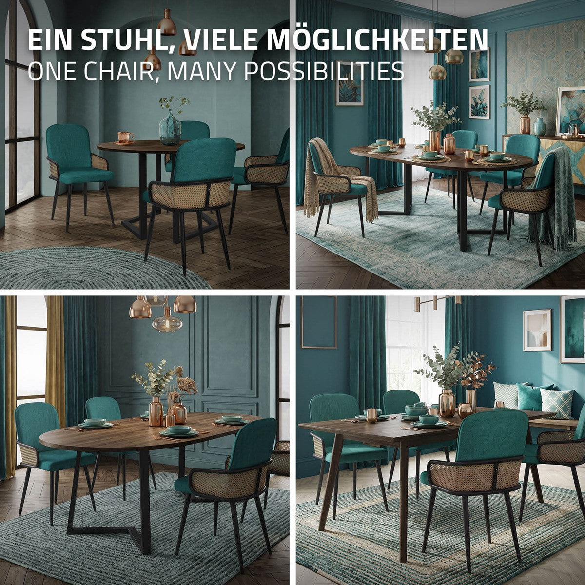 Four images of a dining room with different chair and table combinations.
