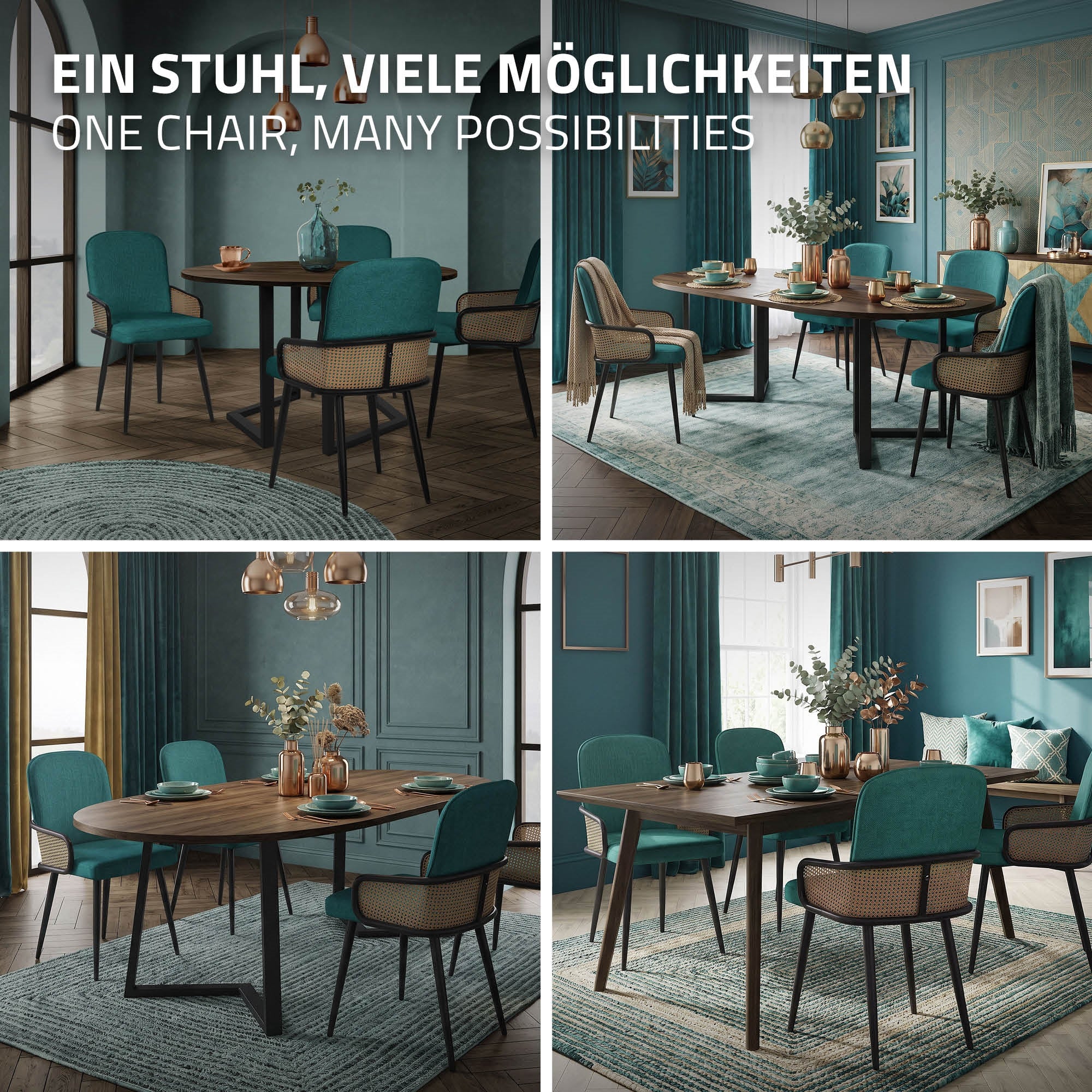 Vier Bilder eines Esszimmers mit verschiedenen Stuhl- und Tischkombinationen.