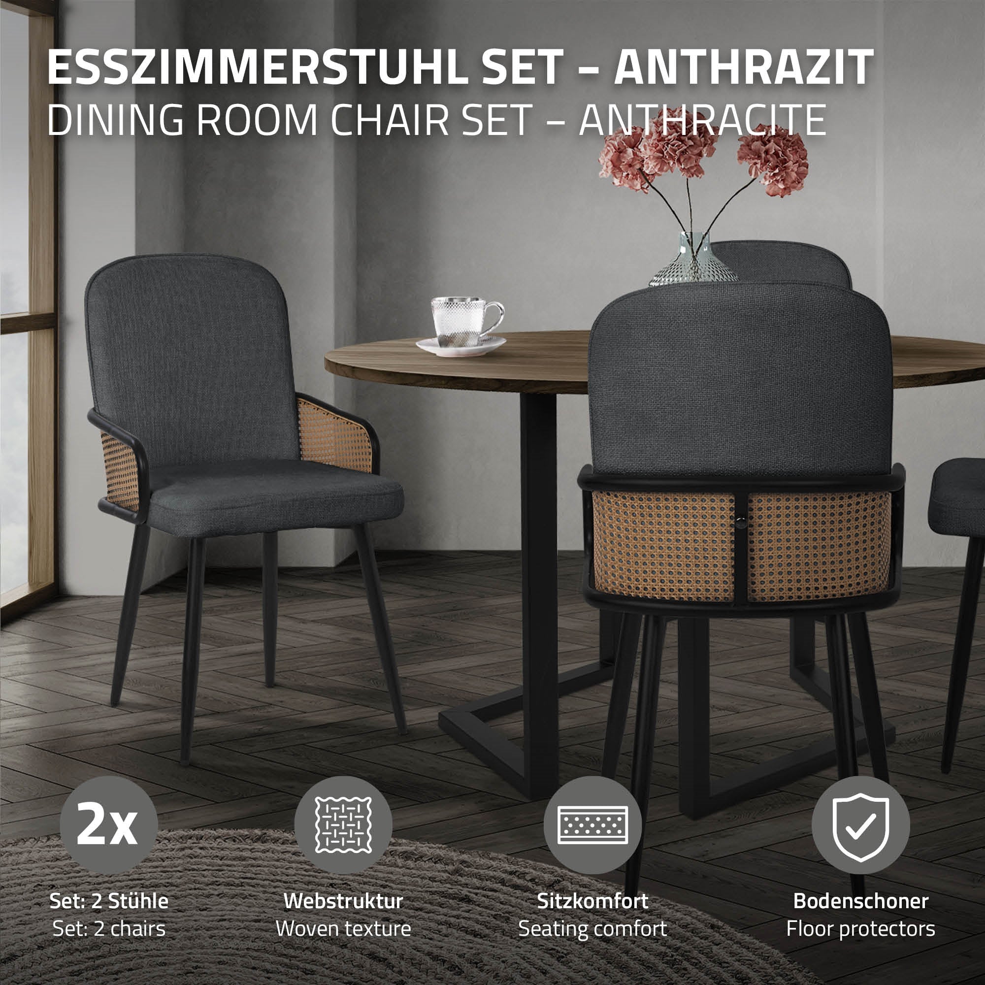 Esszimmerstuhl Set in Anthrazit, zwei Stühle an einem Tisch.
