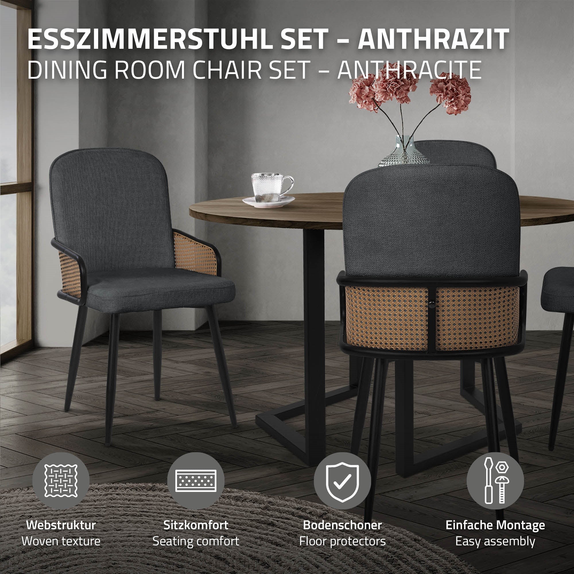 Étkezőszék szett antracit színben, két szék egy asztalnál.