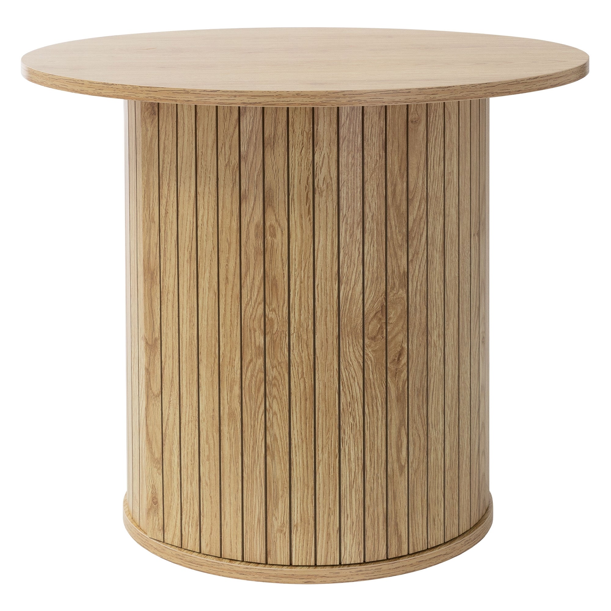 Runder Holztisch mit vertikalen Holzleisten.