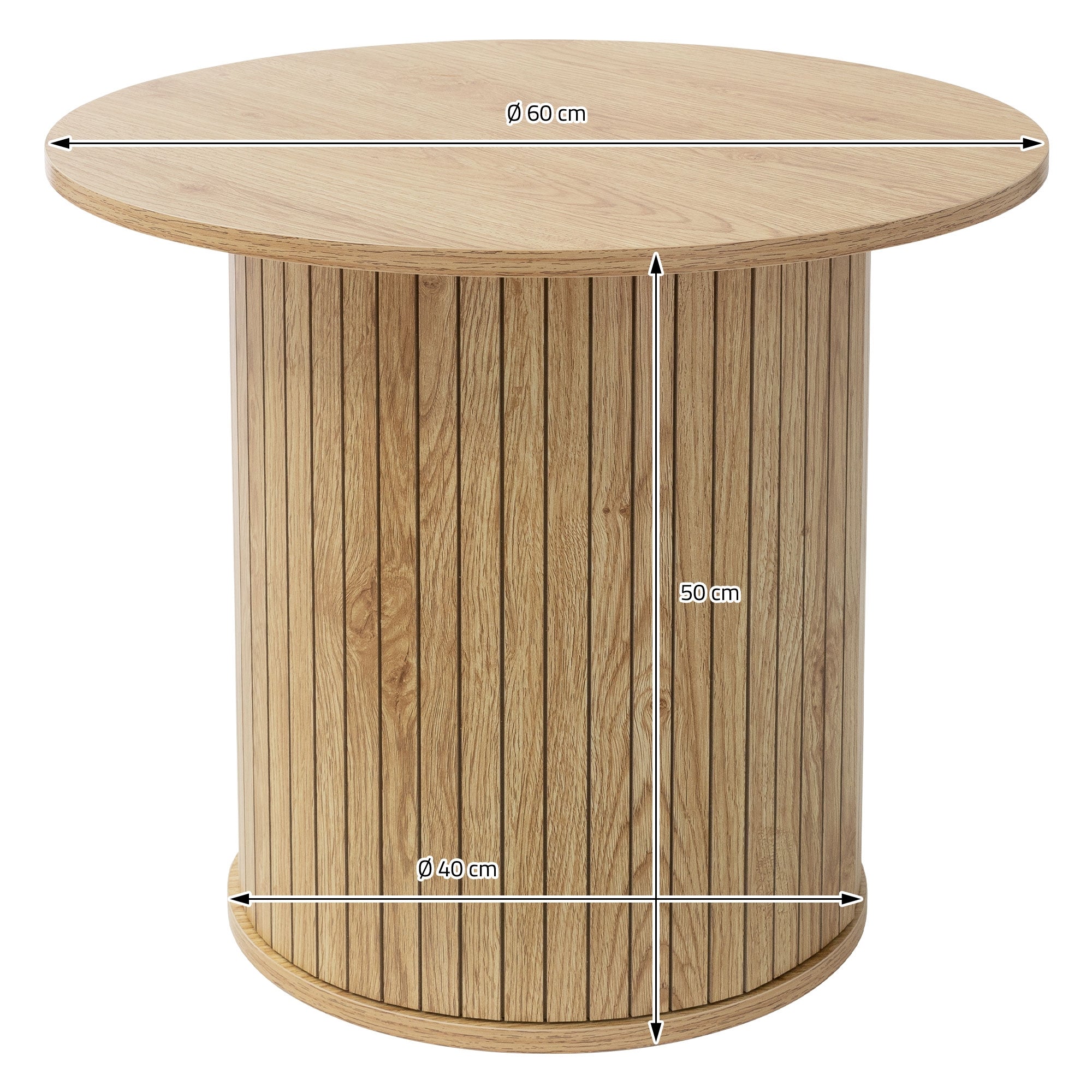 Runder Holztisch mit Maßen: Durchmesser 60 cm, Höhe 50 cm, Sockeldurchmesser 40 cm.